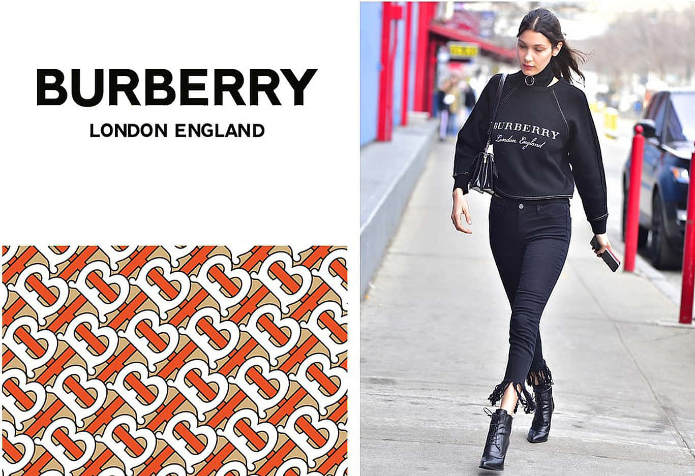 以經典Burberry風衣展現微妙時尚 壁紙 — 一位女士在城市行人路上行走，身穿黑色Burberry衛衣和牛仔褲，旁邊有Burberry標誌和經典格紋圖案。