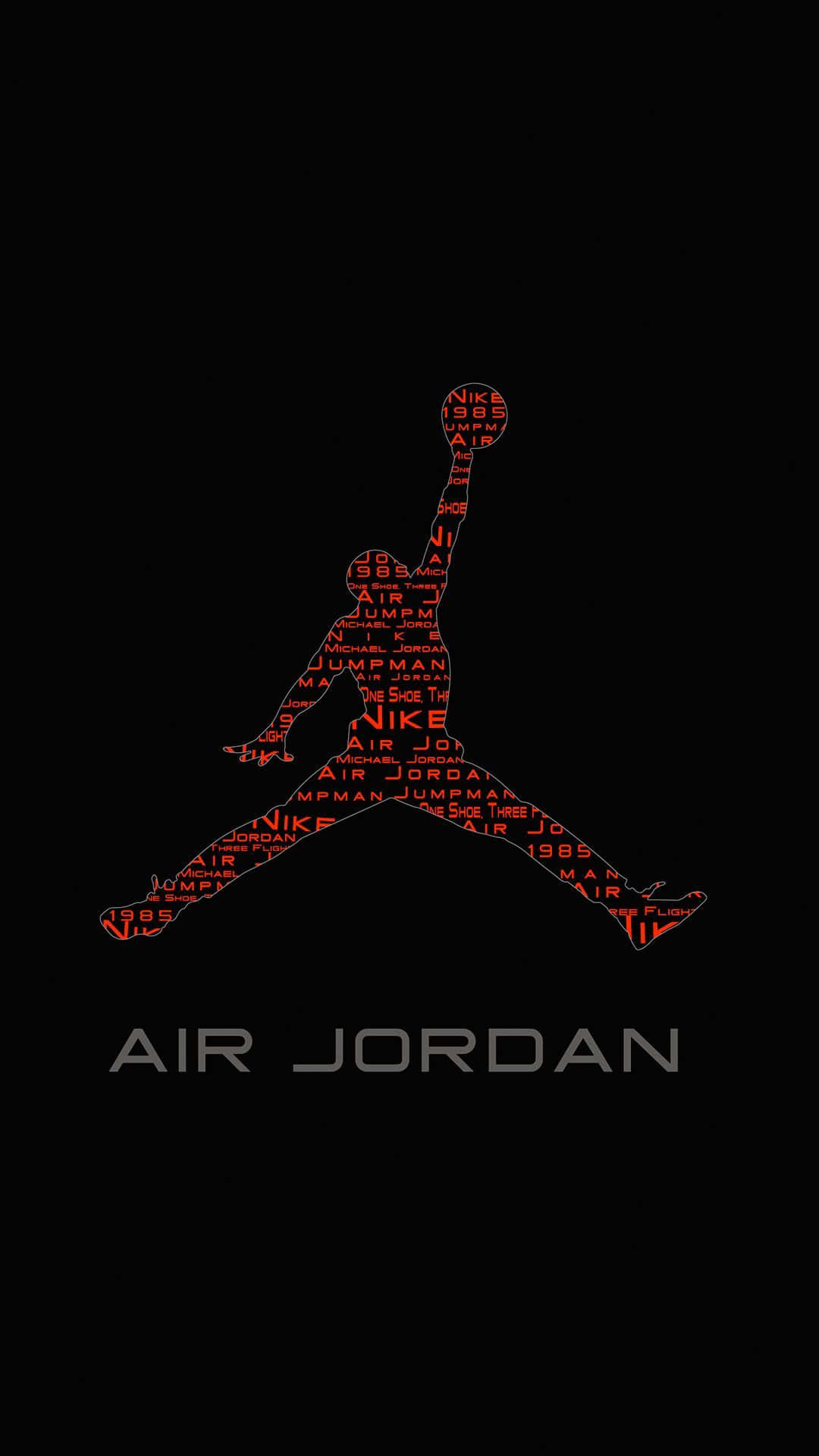 以經典Nike Air Jordan升級你的鞋款收藏 壁紙 — 一個發光的紅色籃球運動員空中剪影，由重複文字在黑色背景上形成，下方有「AIR JORDAN」字樣。