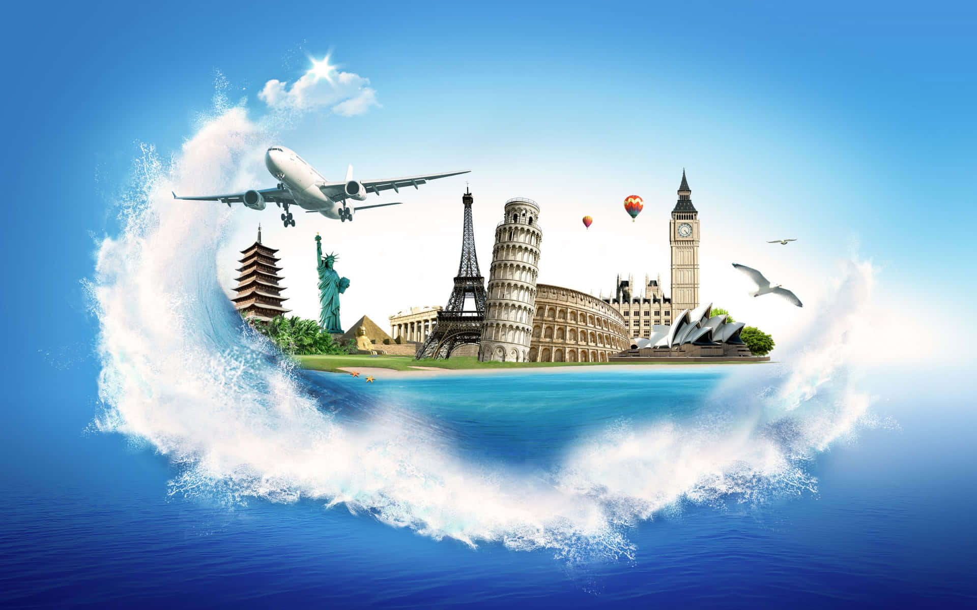 浮島上有世界地標，被海浪環繞，天空晴朗。