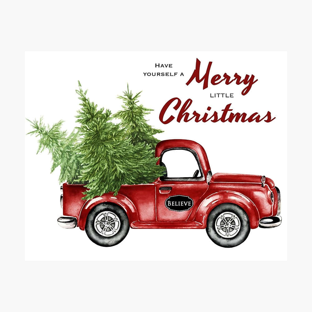 以經典卡車裝點聖誕節，重溫懷舊時光 壁紙 — 一輛復古紅色皮卡車載著茂盛的綠色聖誕樹，背景為白色，並帶有節日草書文字。