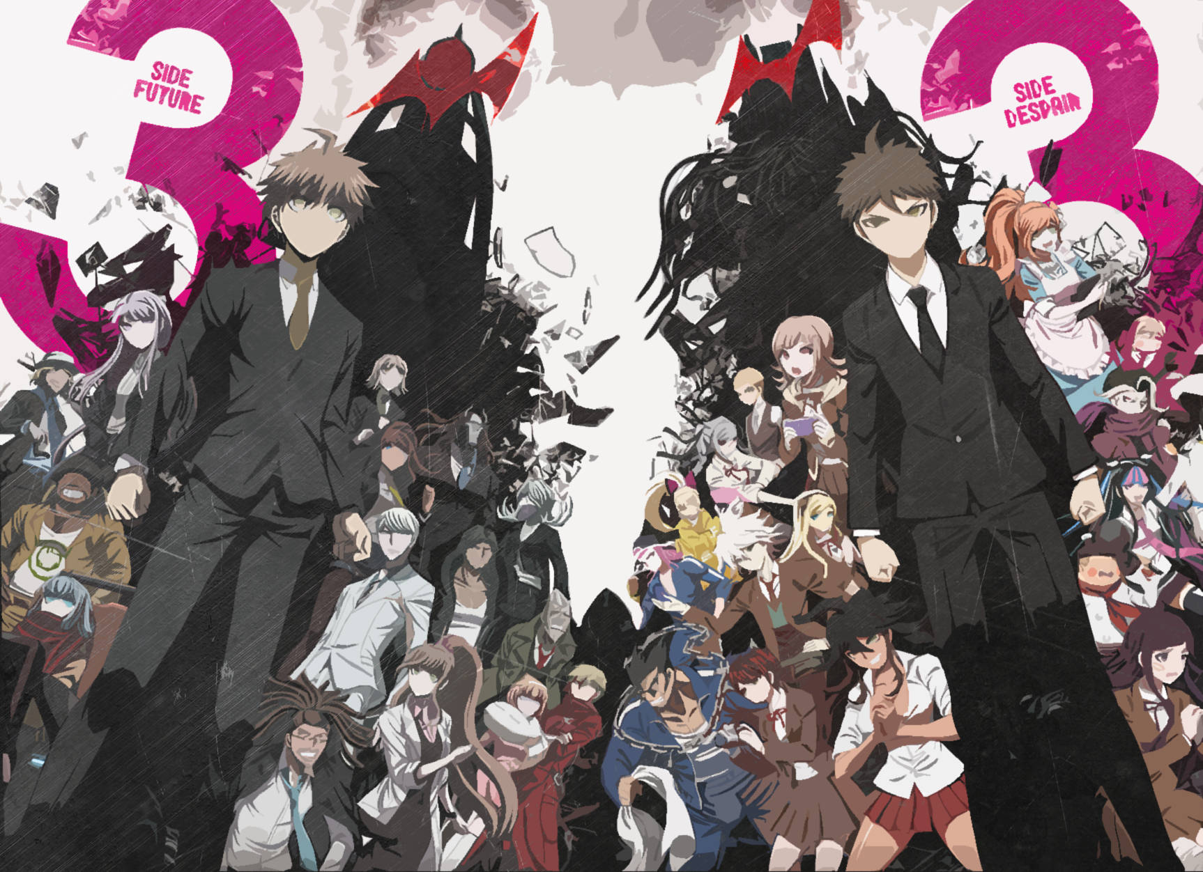 動畫角色分為「Side Future」和「Side Despair」，背景為戲劇性的粉紅色和黑色。