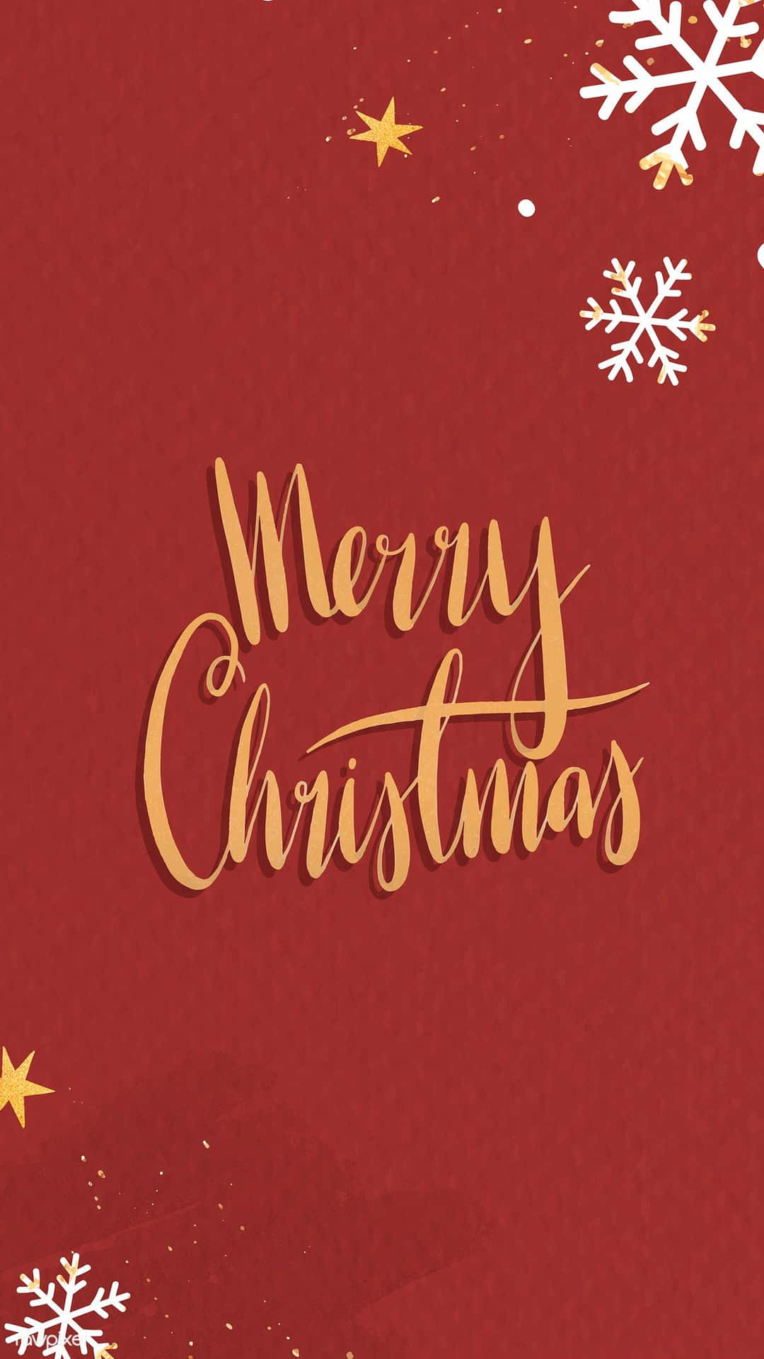 金色草書 Merry Christmas 在紅色背景上，配雪花和星星