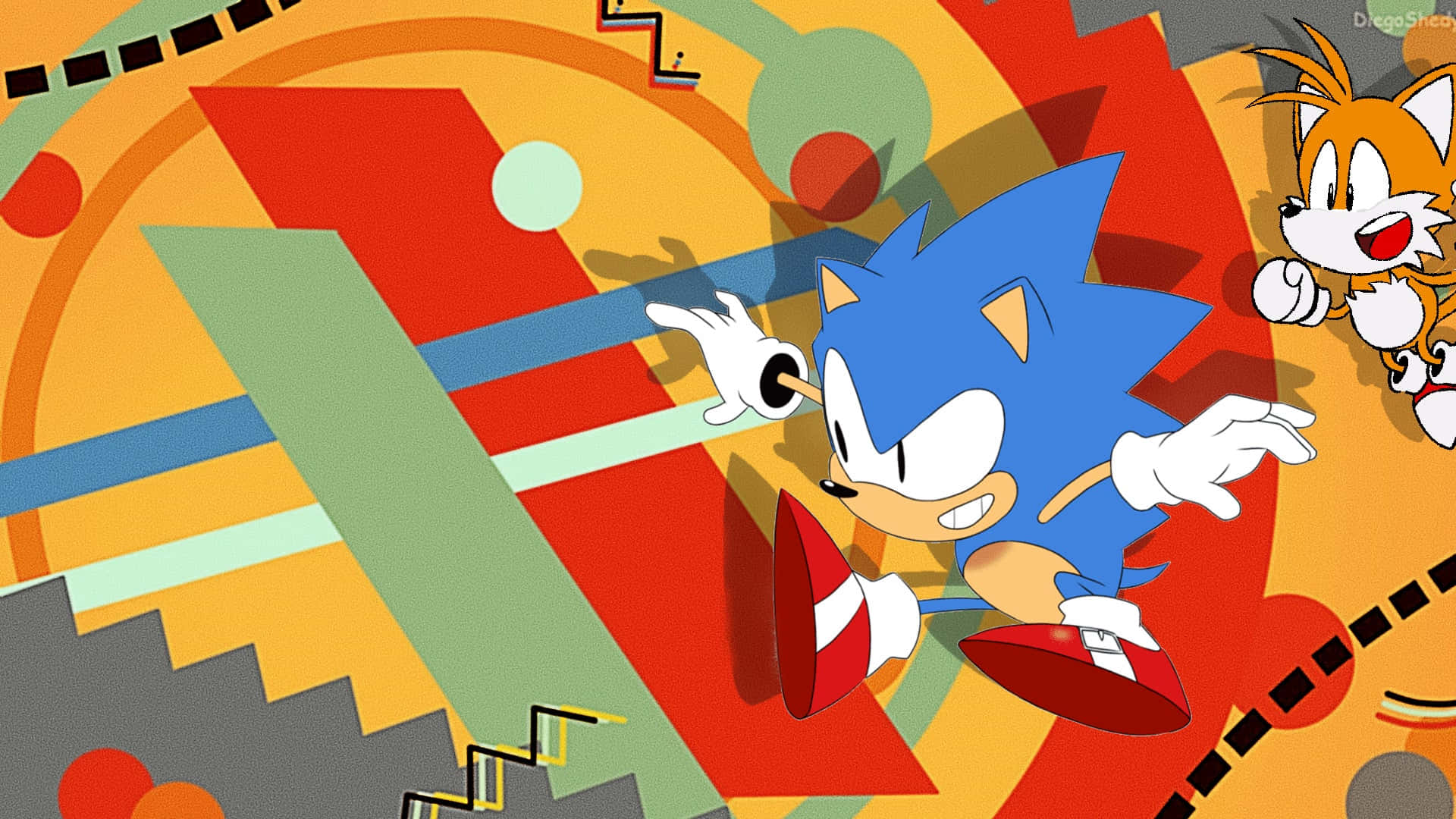Sonic 和 Tails 在色彩繽紛的抽象形狀中奔馳。