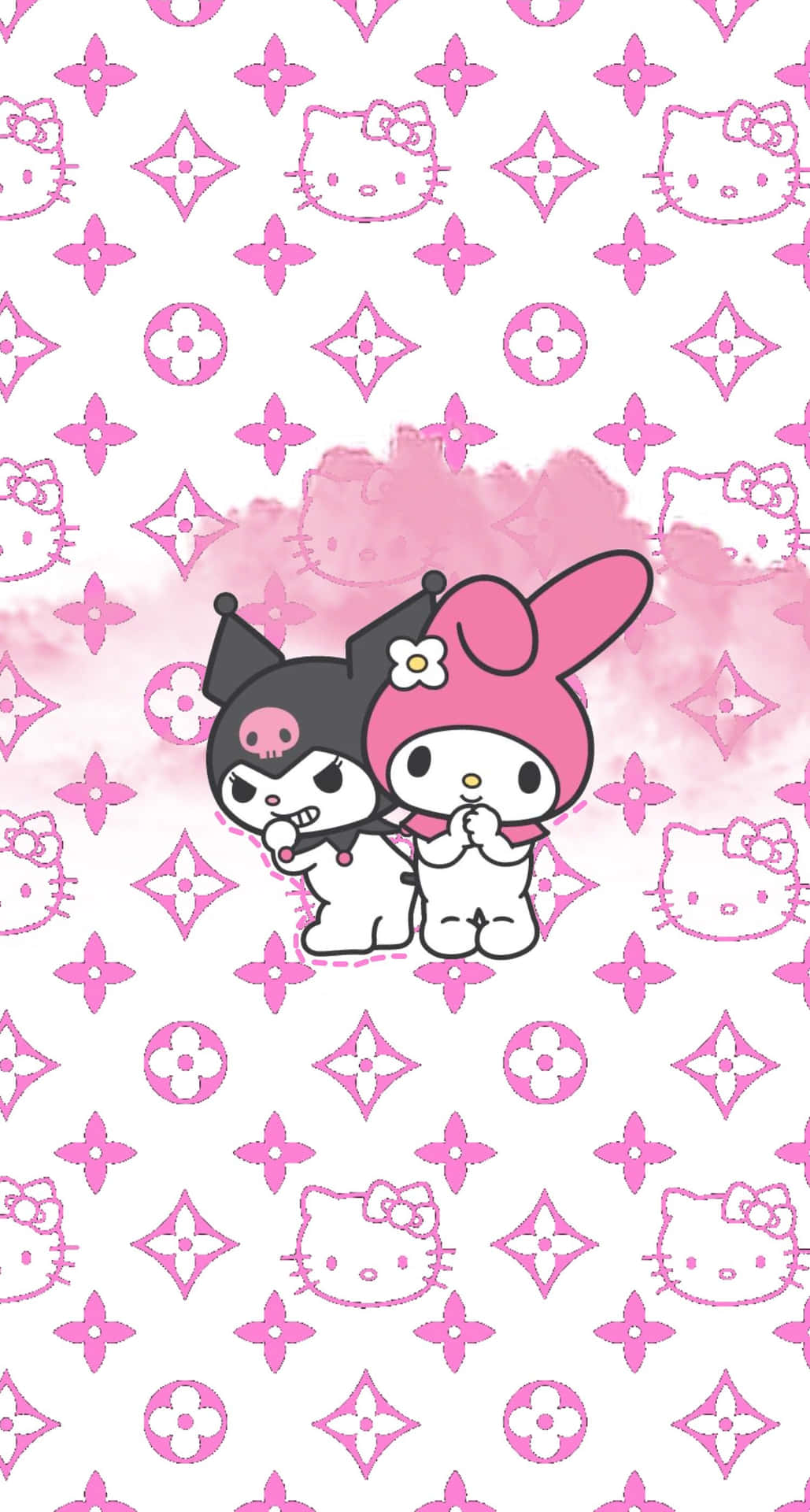 Kuromi和My Melody角色在粉紅色Hello Kitty圖案背景上。