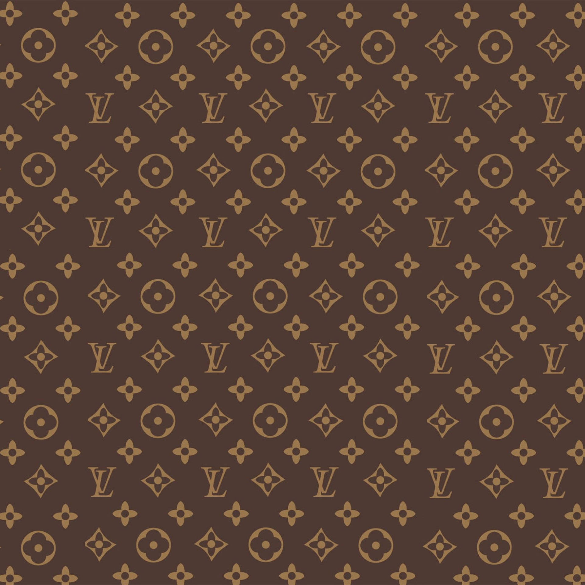 棕色 Louis Vuitton 字母組合圖案，帶有金色花卉和 LV 標誌
