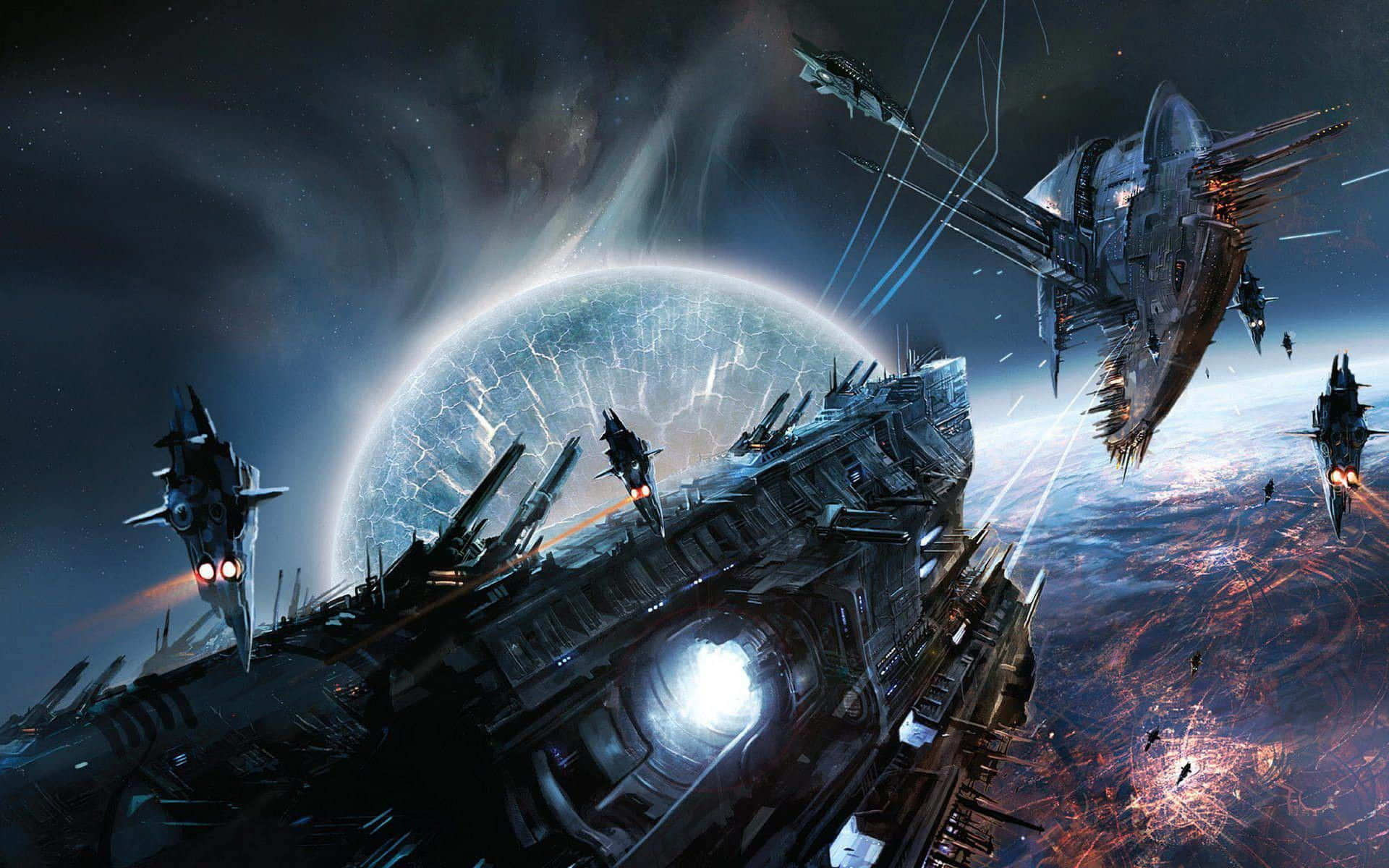 未來戰艦在閃電風暴的行星上空作戰。