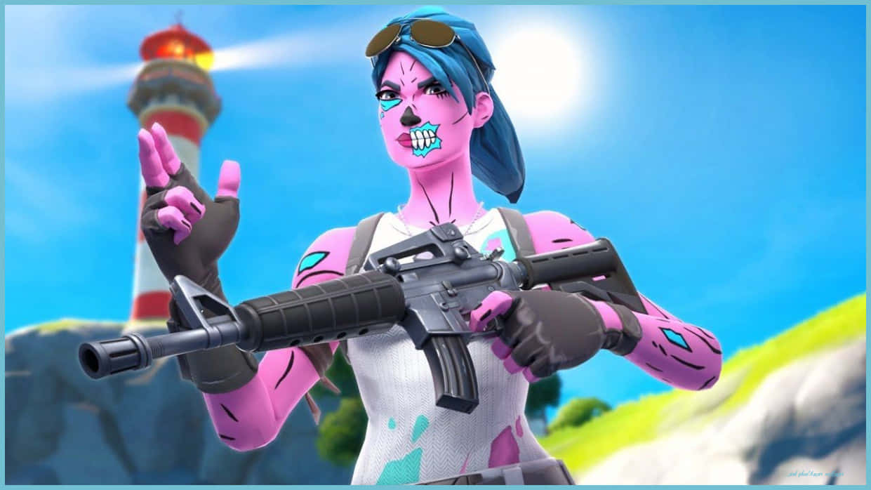粉紅色Fortnite角色，骷髏化妝，拿著步槍靠近燈塔。
