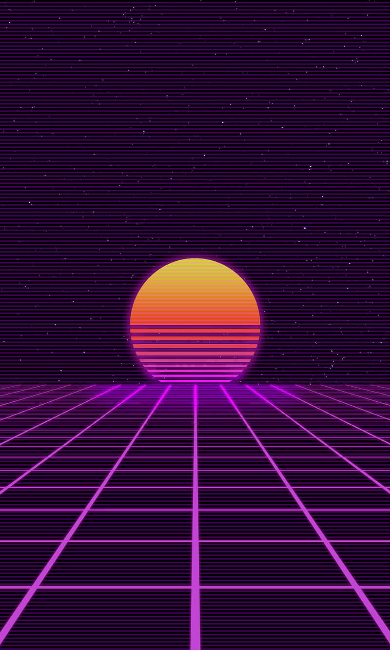 充滿活力的復古日落，發光的紫色網格和星空