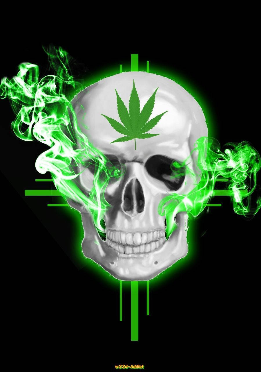 發光綠色骷髏，帶有大麻葉和煙霧，黑色背景。