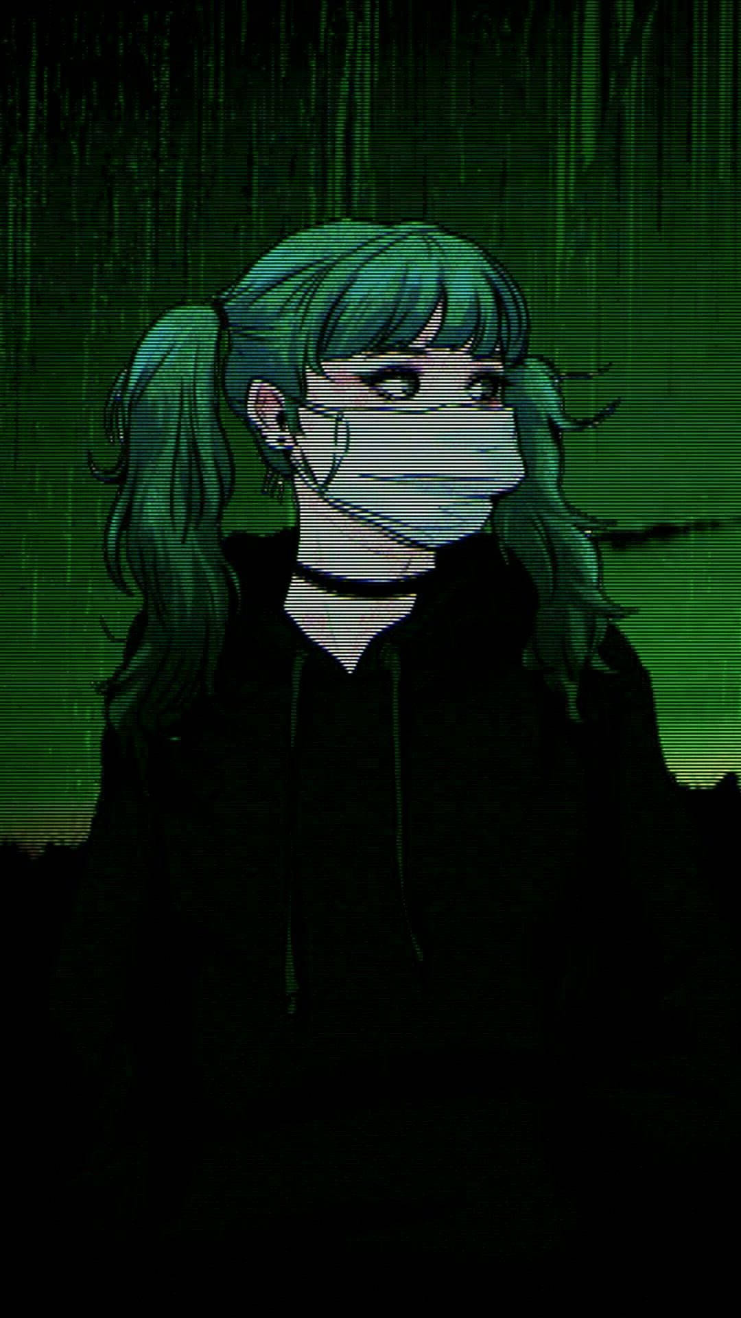 綠色雙馬尾戴口罩的動漫女孩，數碼雨故障效果。