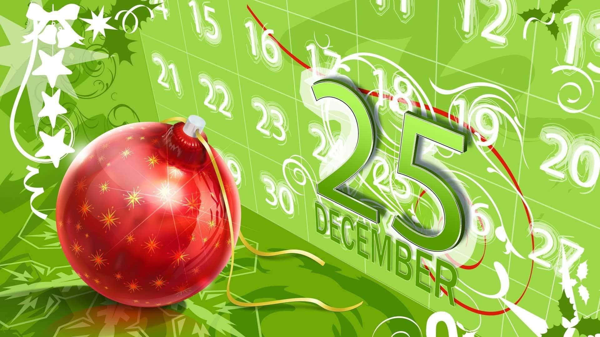 紅色聖誕裝飾在顯示12月25日的綠色日曆上。