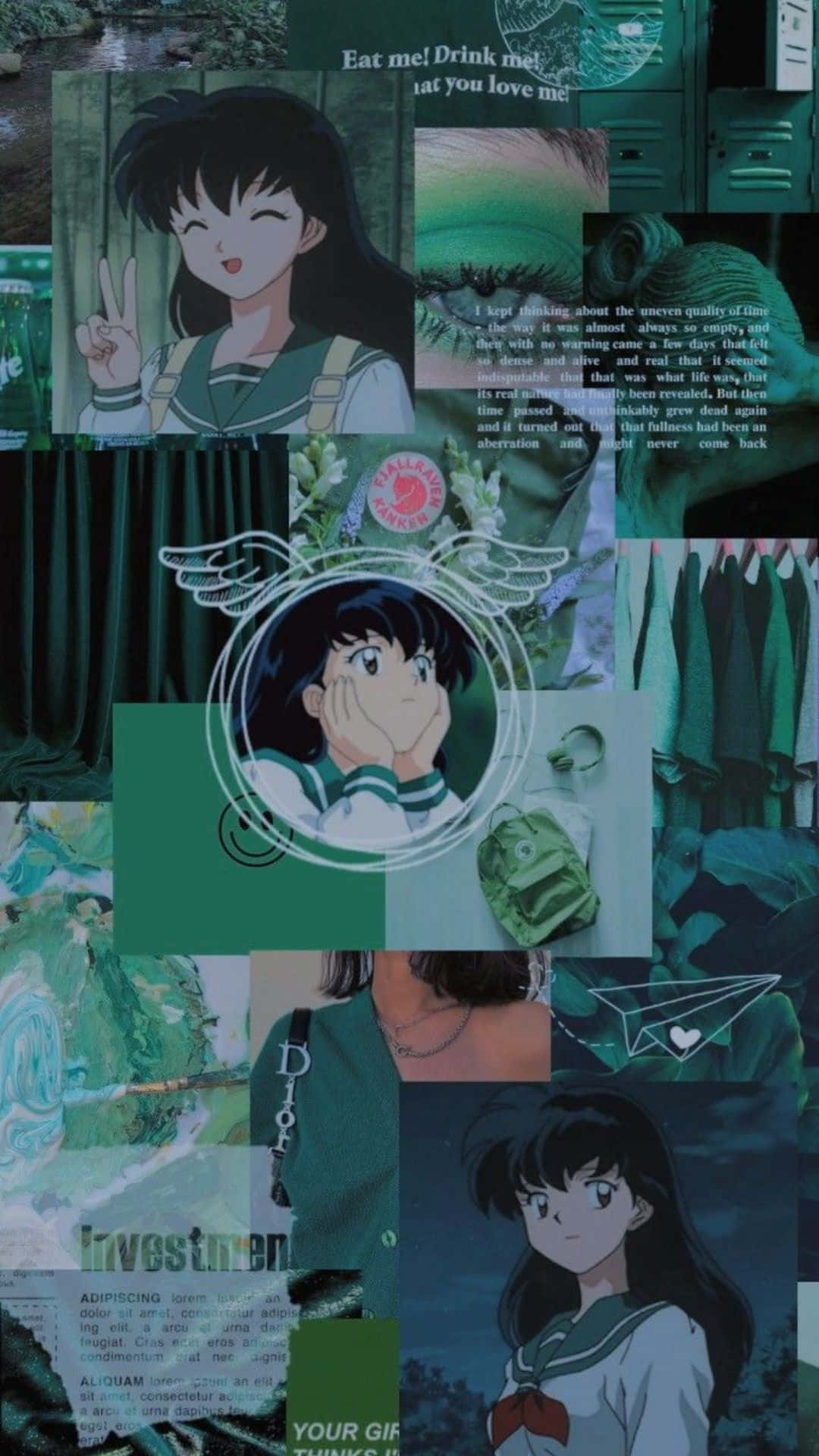 Kagome Higurashi 桌布 壁紙 — 以綠色調為主的動漫拼貼畫， featuring 美少女戰士角色和文字片段，營造陰鬱美學。