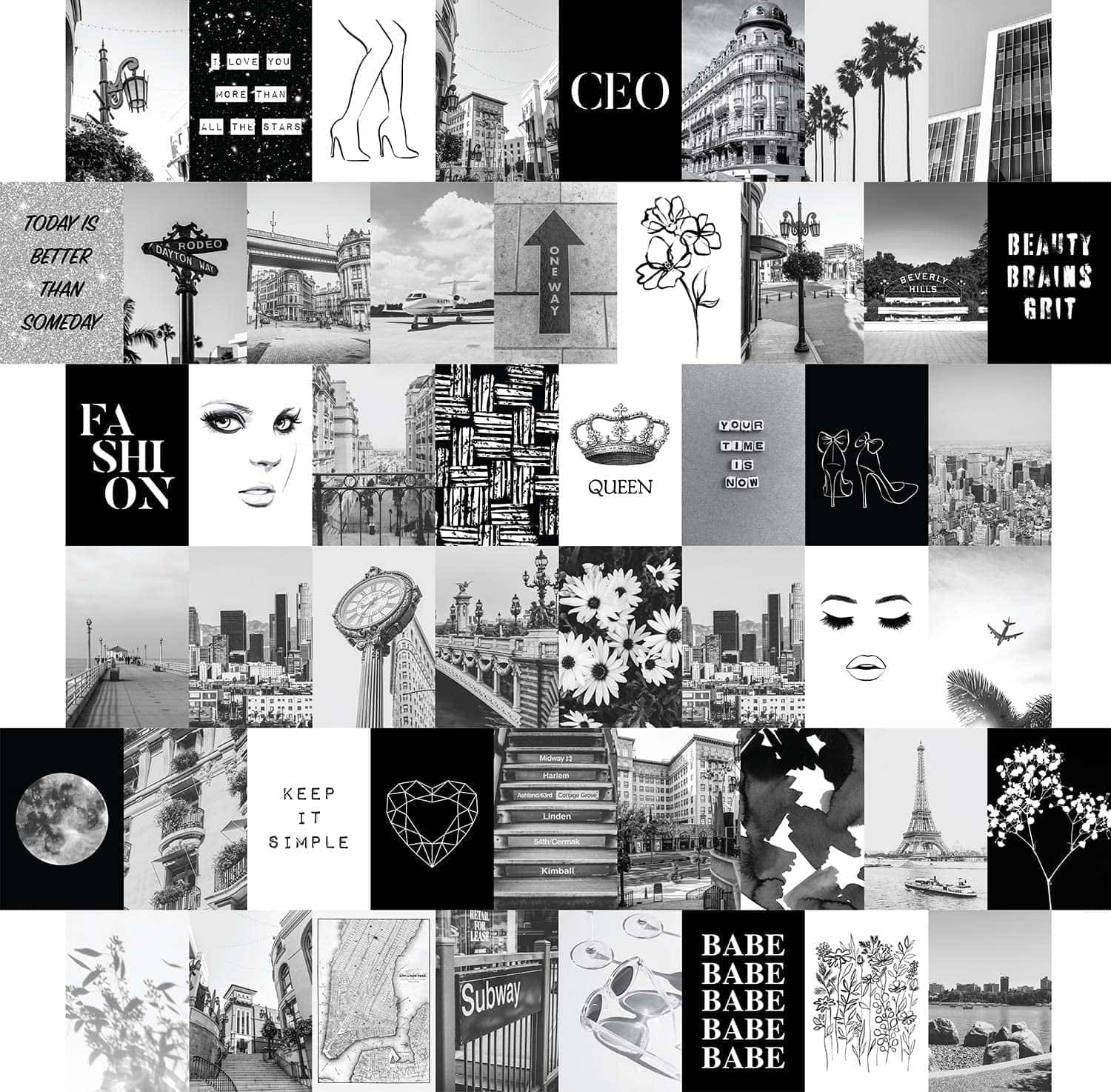 黑白美學 桌布 壁紙 — 以網格圖案排列的城市場景、時尚語錄和標誌性地標的黑白拼貼畫。