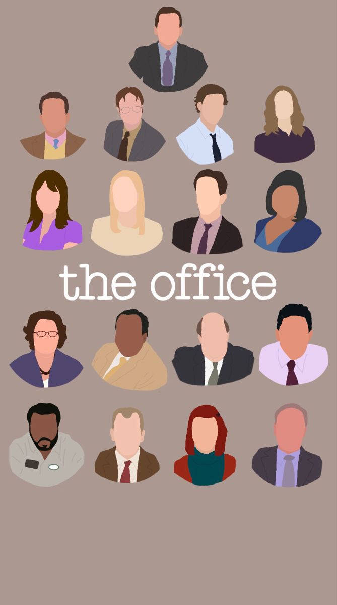 以網格排列的辦公室員工插圖半身像，中央有標題「the office」。 — 辦公室 GIF 壁紙