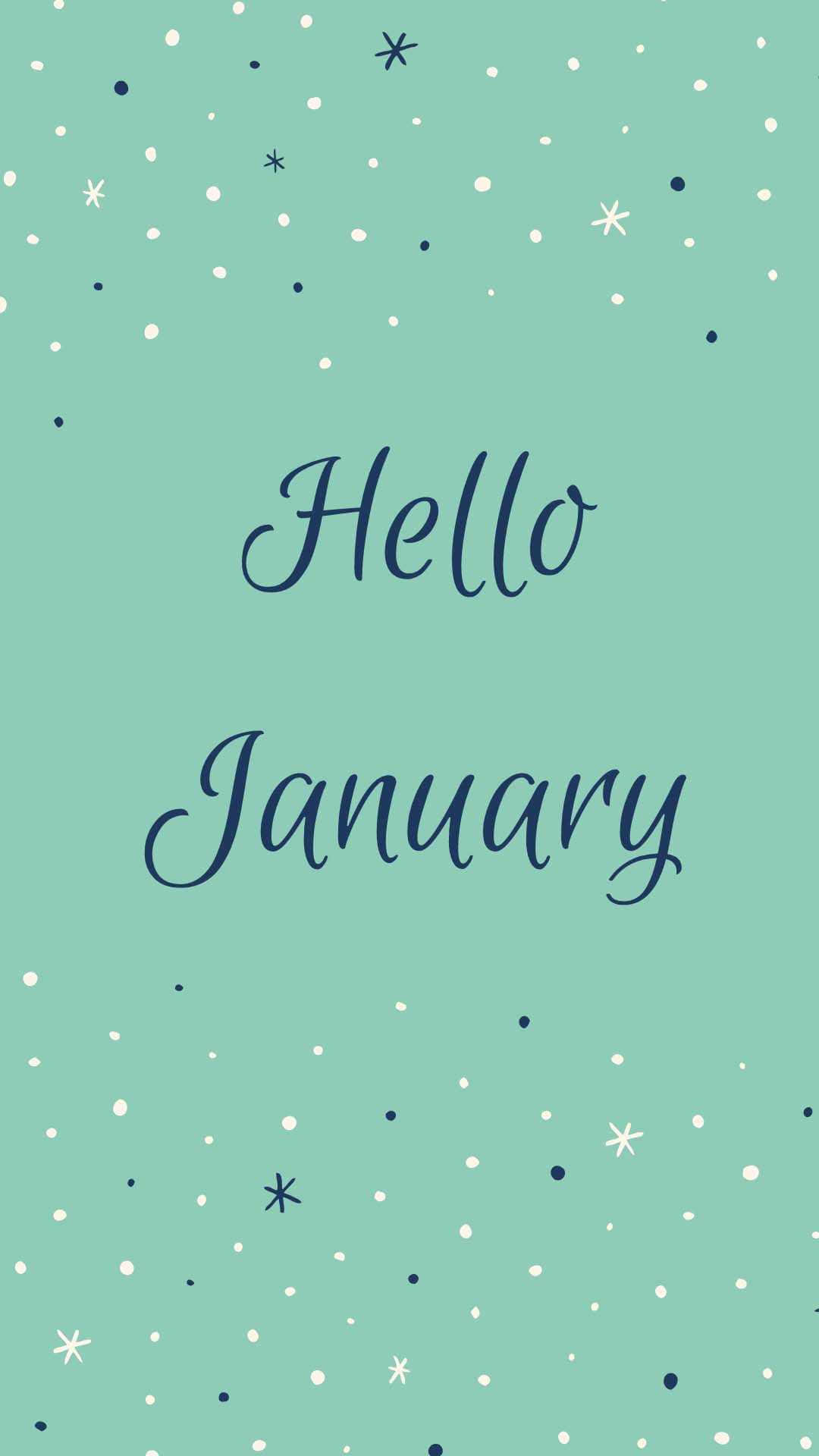 薄荷綠色上帶星星和圓點圖案的Hello January文字