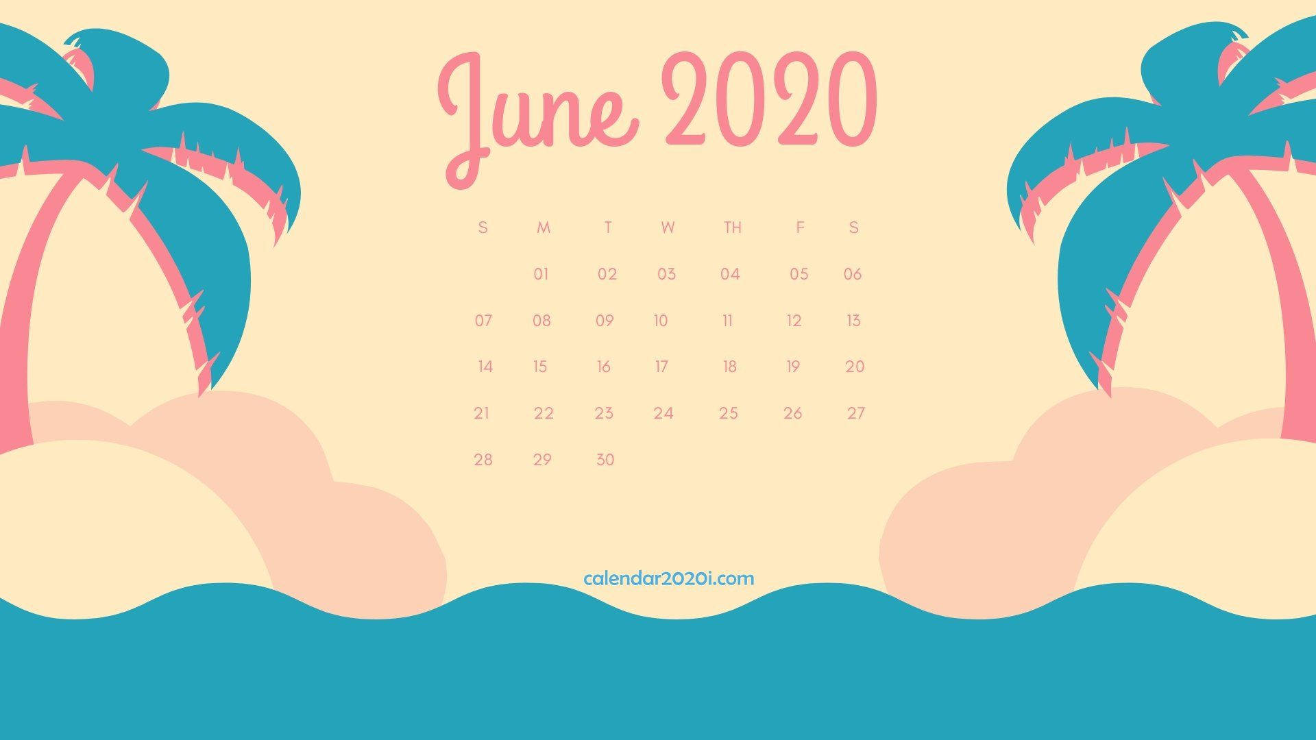 六月2020年月曆，帶有粉彩色的棕櫚樹和海浪。