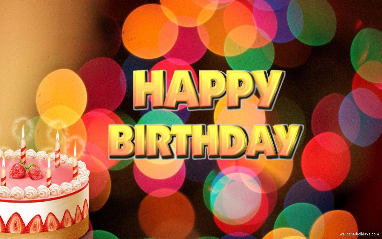 生日蛋糕配蠟燭和草莓，背景為彩色燈光和「Happy Birthday」文字。