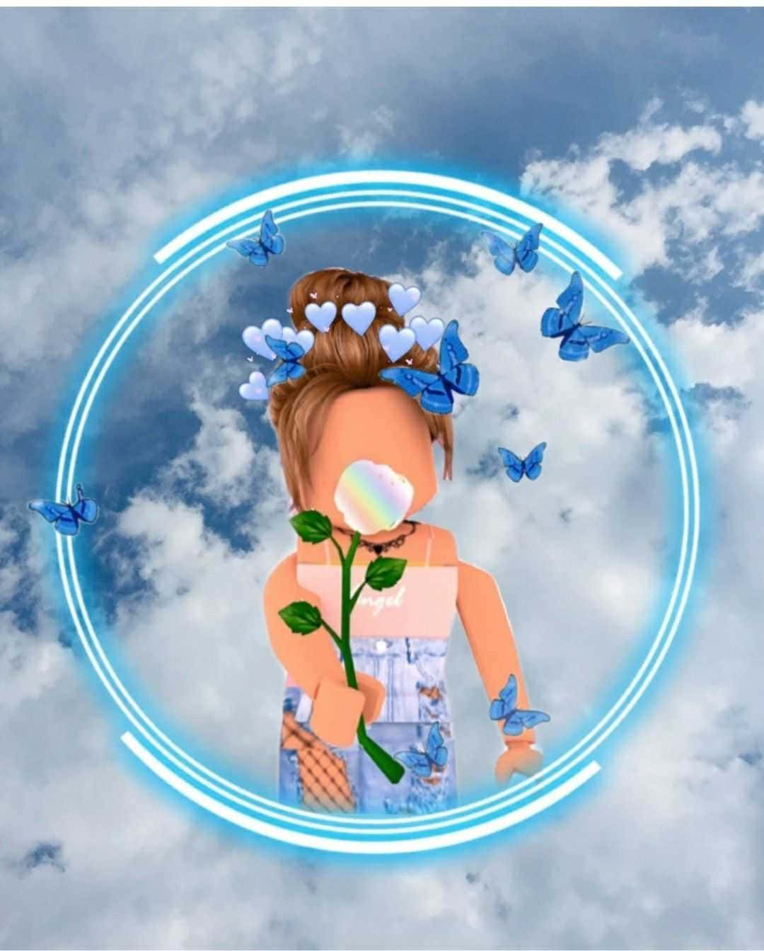 帶有藍色蝴蝶和心形髮飾的Roblox虛擬角色，在發光的圓圈內手持一朵玫瑰。