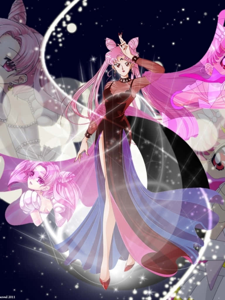 粉紅色頭髮、穿著飄逸長裙的動漫少女，被宇宙閃光和幽靈般分身包圍。