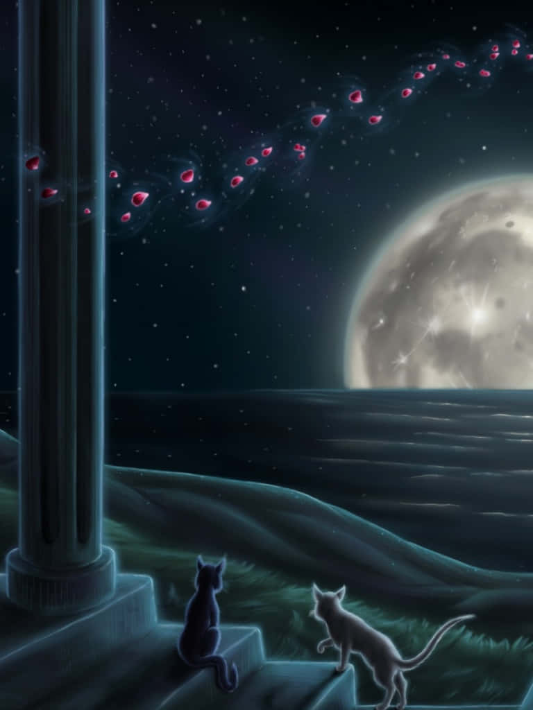 兩隻貓在階梯上觀看發光的月亮和夜空中的粉紅色球體。