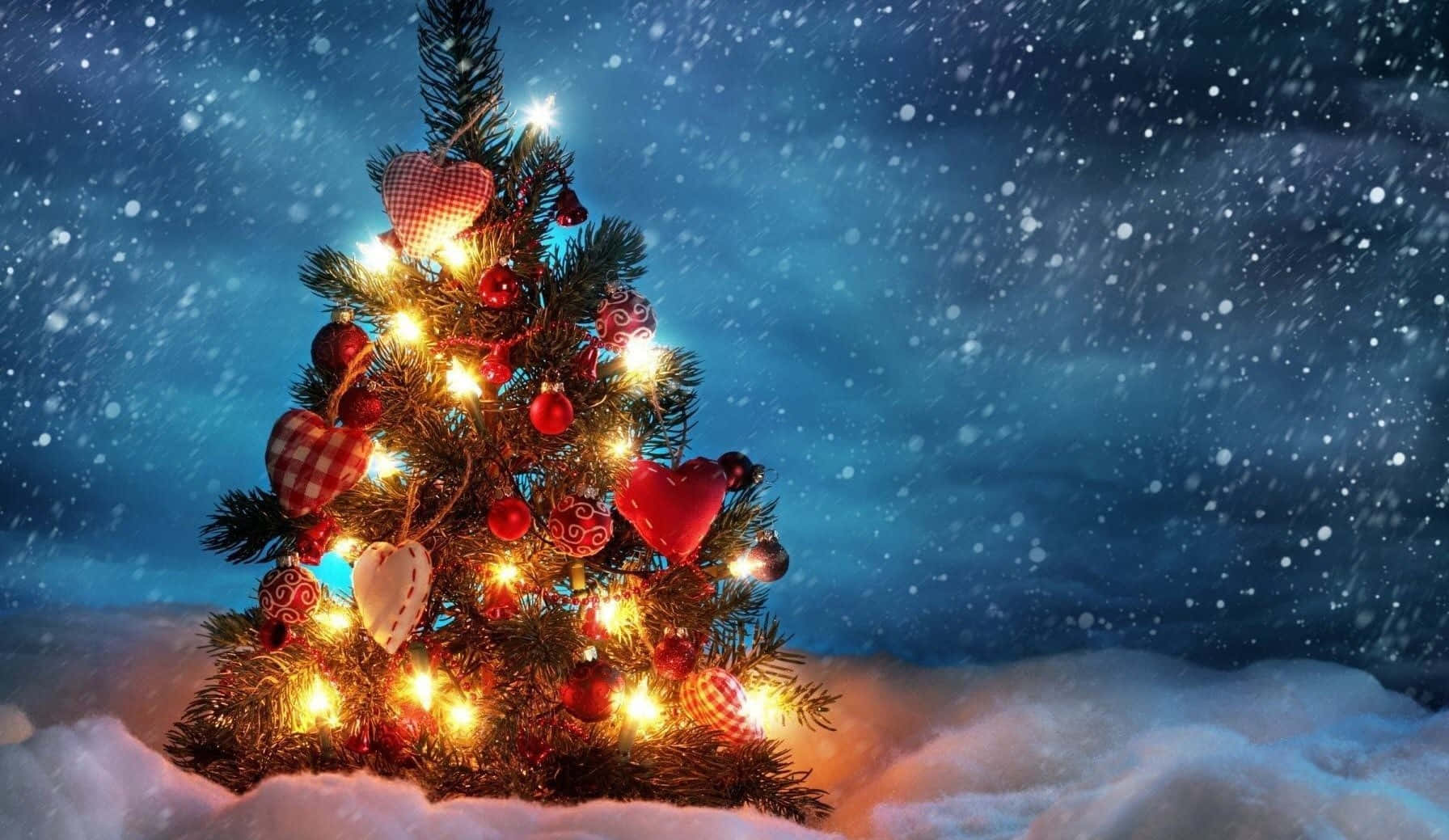 一棵裝飾好的聖誕樹在雪夜中閃爍著燈光。
