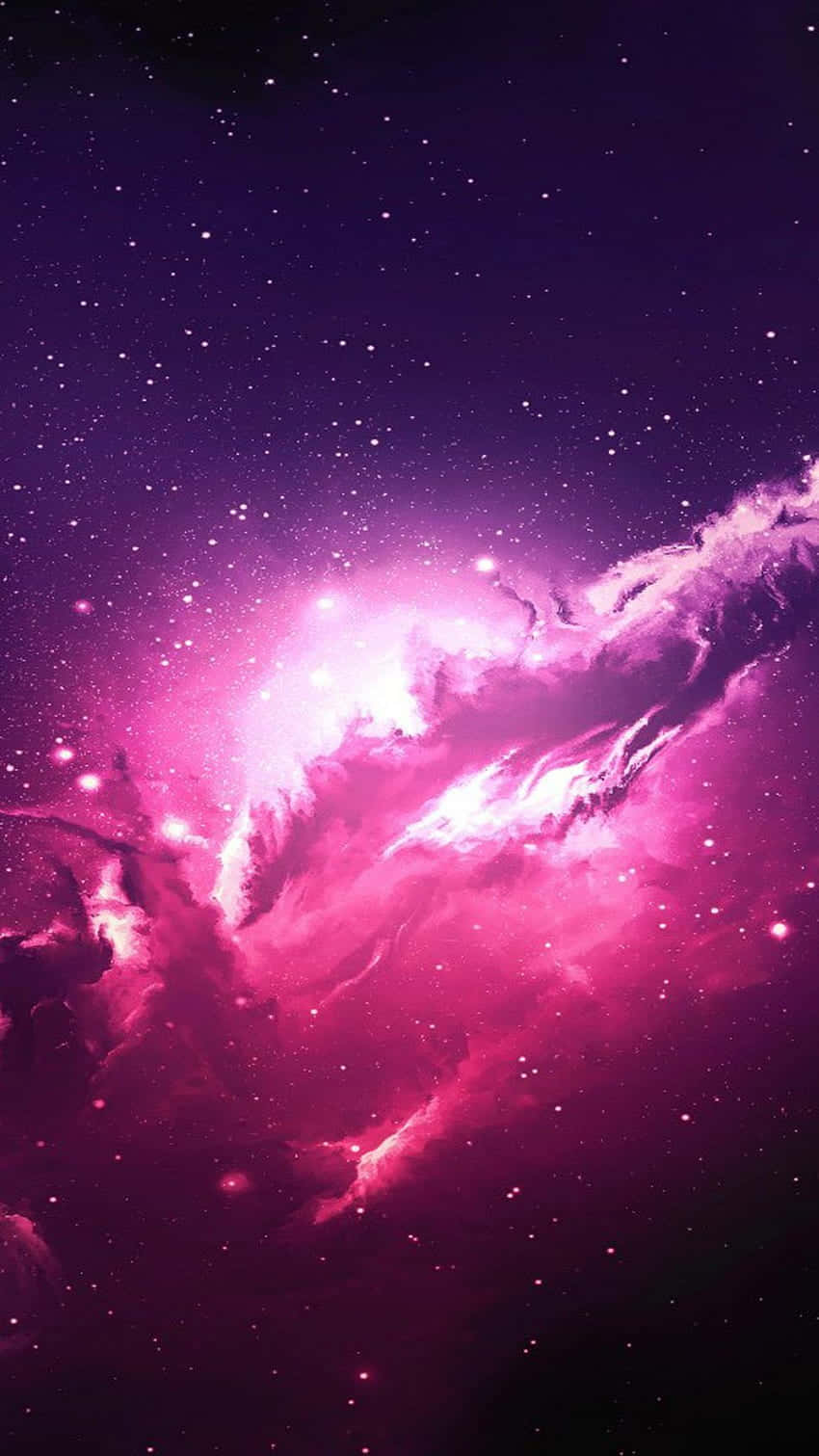 以美麗星系與彩虹圖像解鎖宇宙奇觀 壁紙 — 一個充滿活力的粉紅色和紫色星雲在深邃的宇宙背景下旋轉，伴隨著發光的星星。