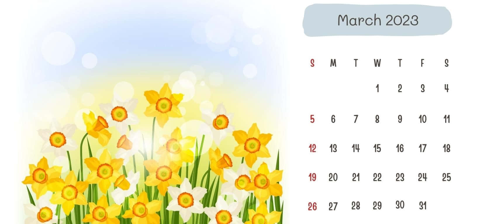 2023年3月日曆，盛開的水仙花和柔和的散景背景。