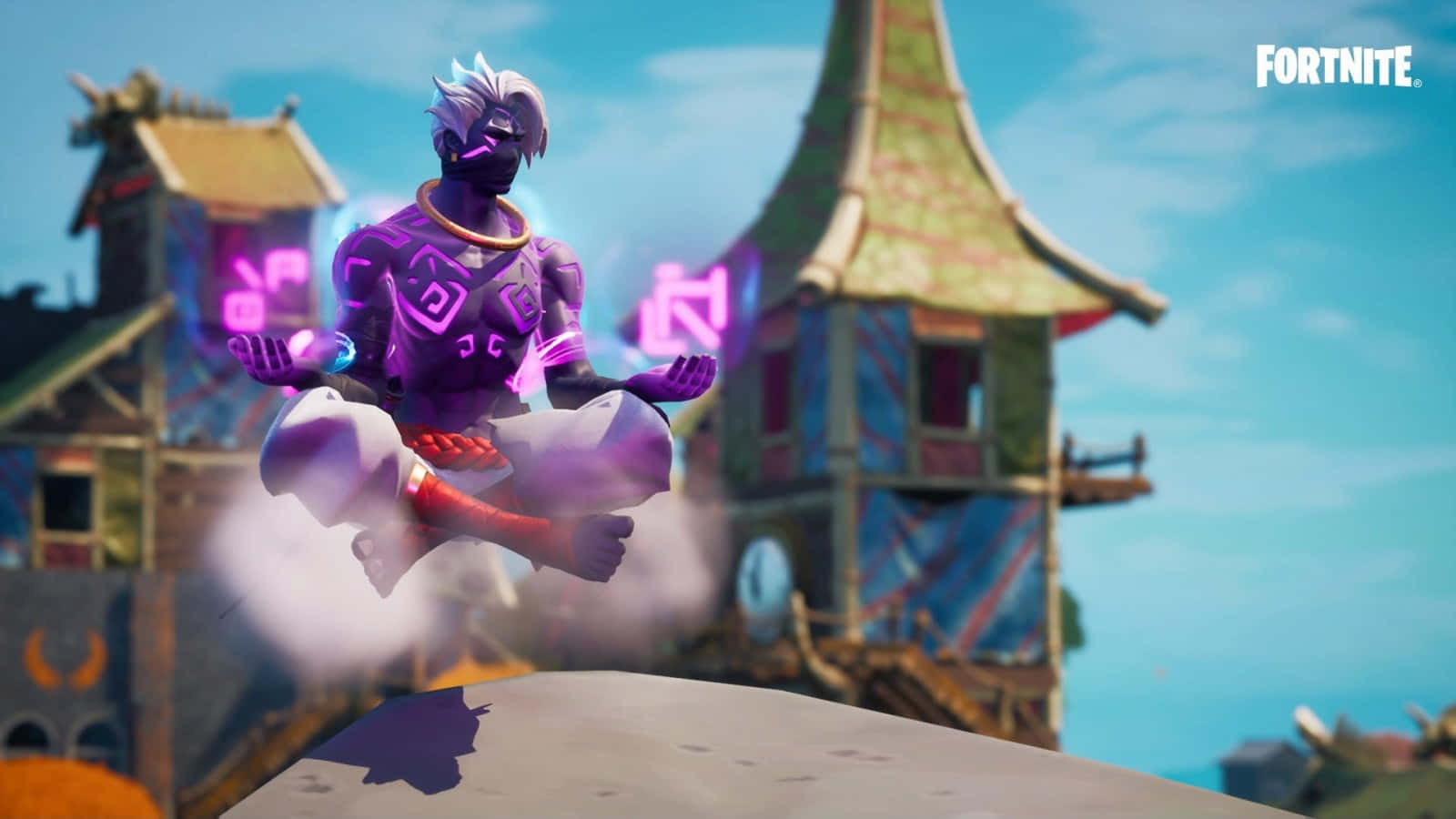 一個紫色發光的Fortnite角色在寺廟上方的半空中冥想。