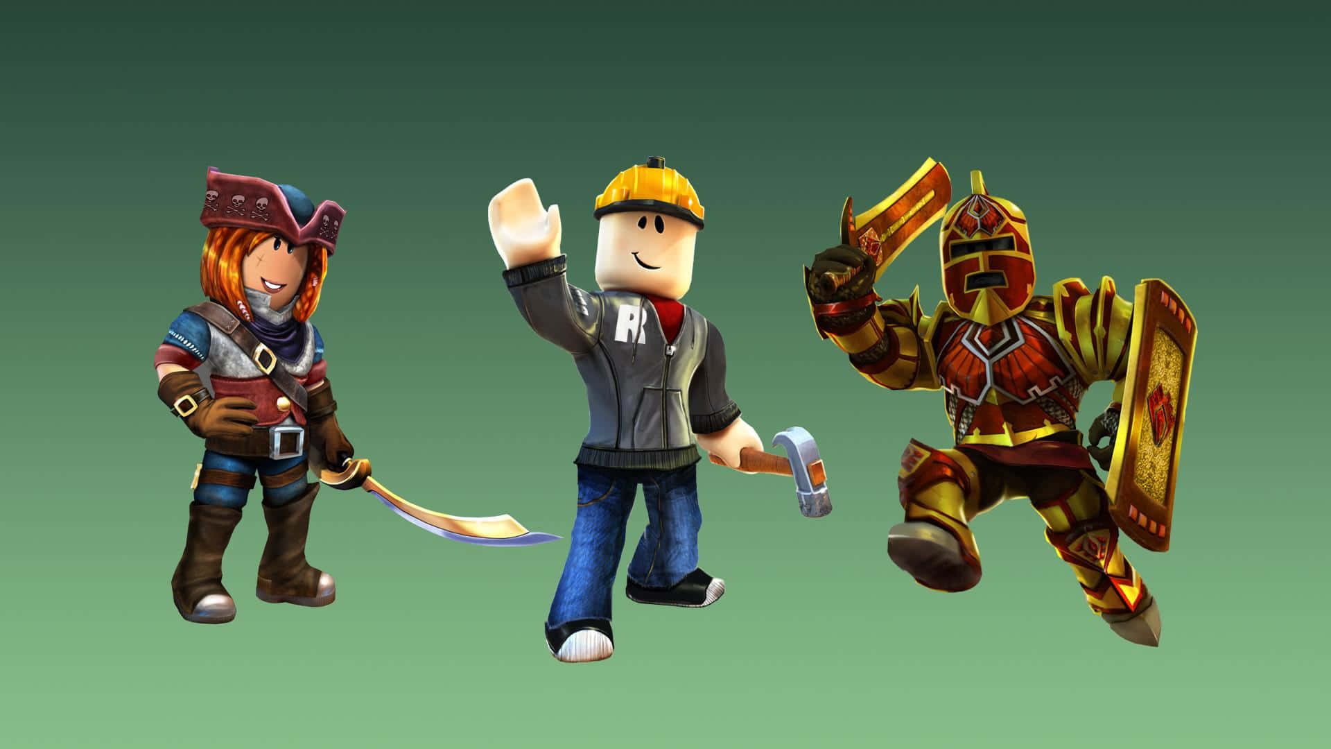 三個 Roblox 角色：海盜、建造者和騎士（附武器）。