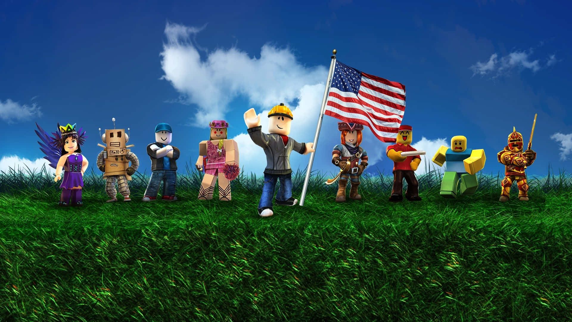 Roblox 角色站在草地上，在藍天下手持美國國旗。