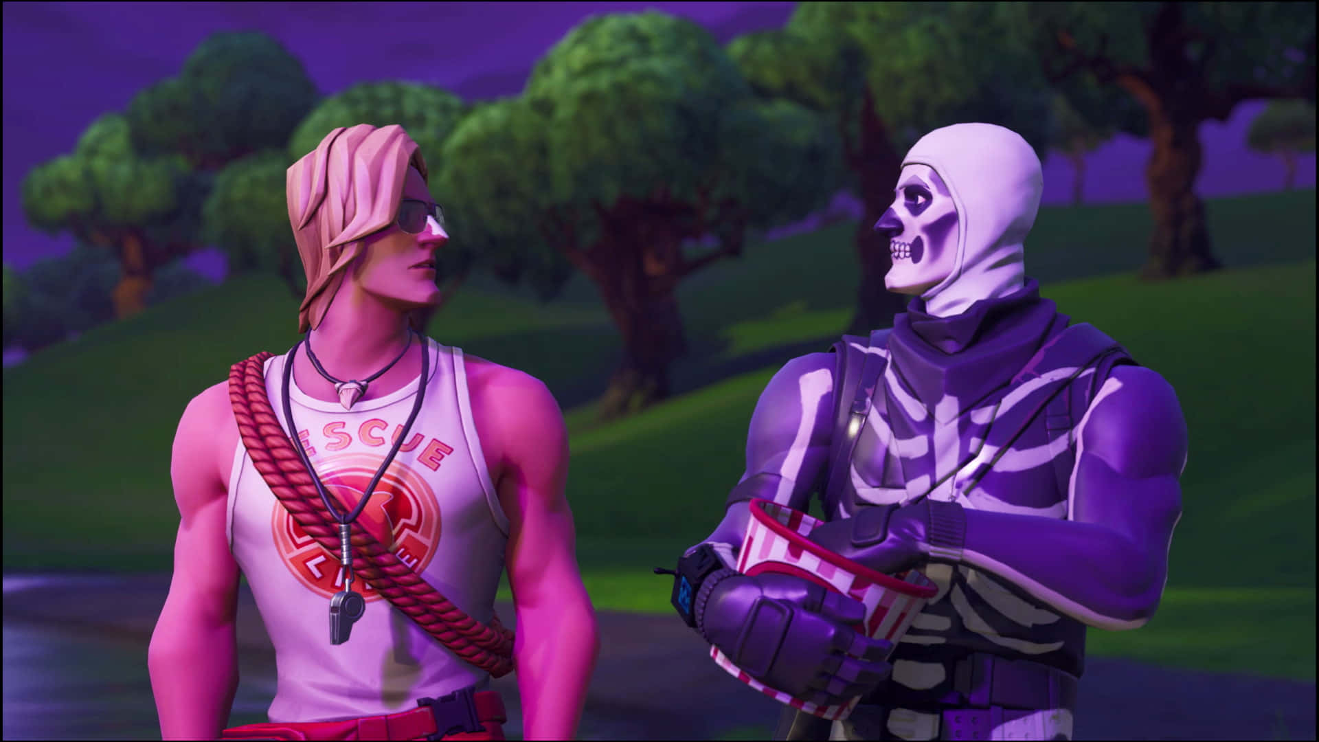 兩個Fortnite角色，一個粉紅色頭髮的救援者和一個紫色骷髏，在暮色森林中對峙。