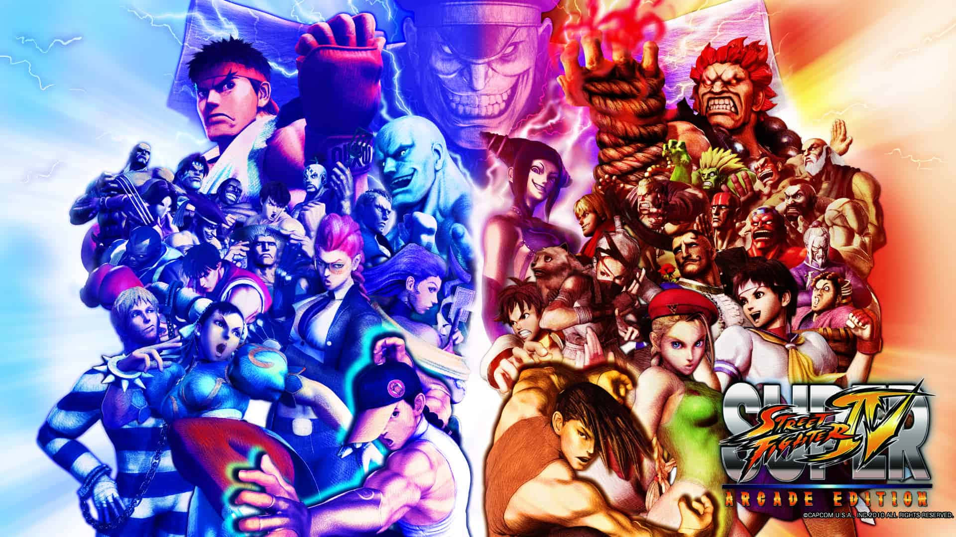 Fighting Games 桌布 壁紙 — 以色彩劃分的《街頭霸王IV》角色動畫風格拼貼畫，充滿動態姿勢和發光效果。