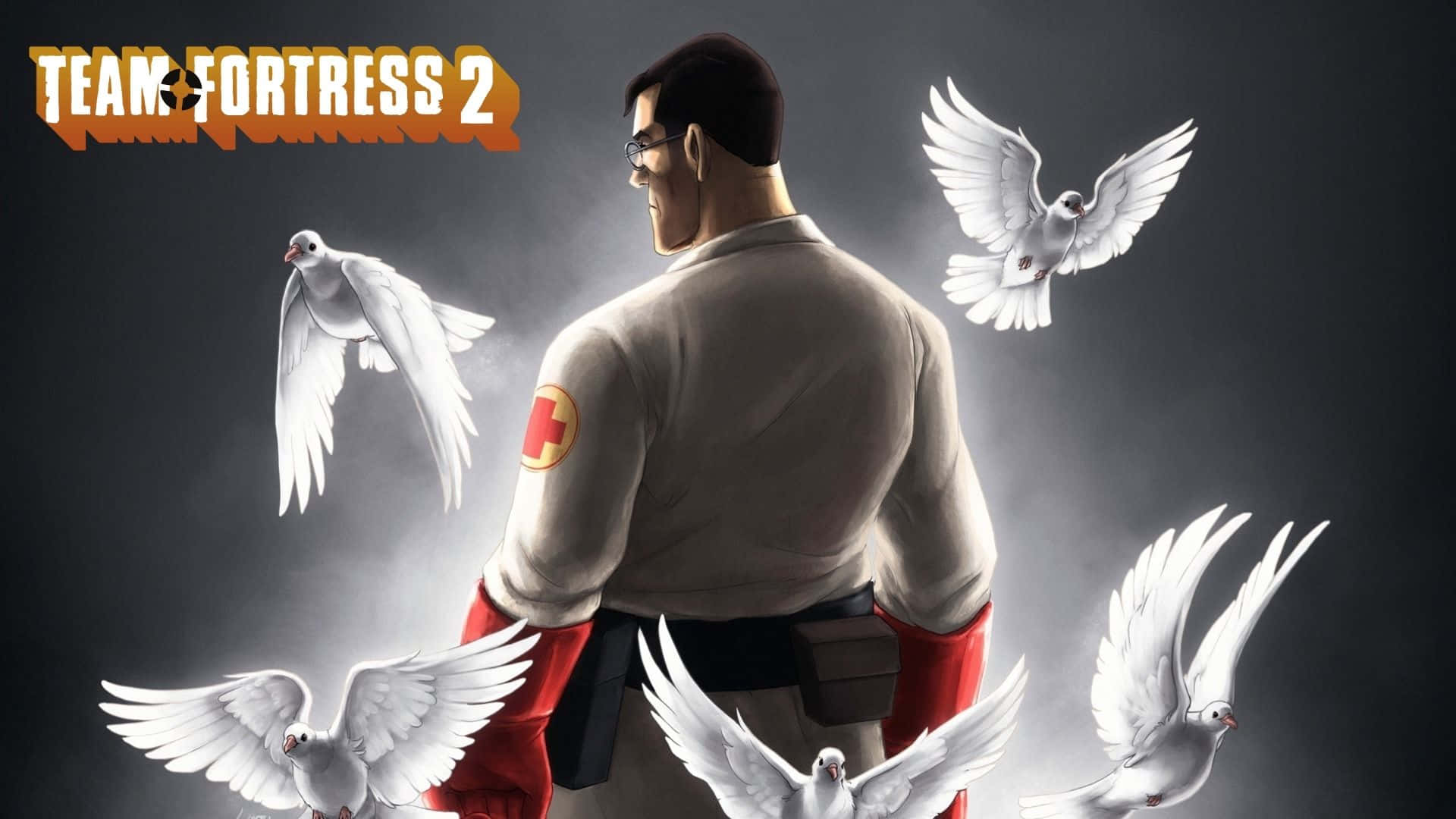 《Team Fortress 2》醫護兵被白鴿圍繞在黑暗煙霧背景中。