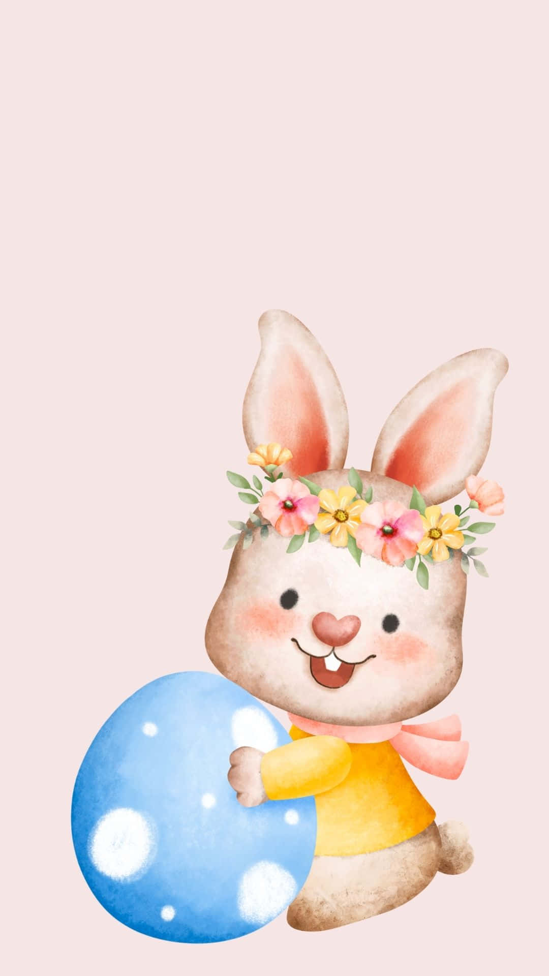 以色彩繽紛的復活節彩蛋慶祝復活節 壁紙 — 一隻戴著花冠的快樂水彩兔仔，喺柔和粉紅色背景上拎住一個藍色圓點蛋。
