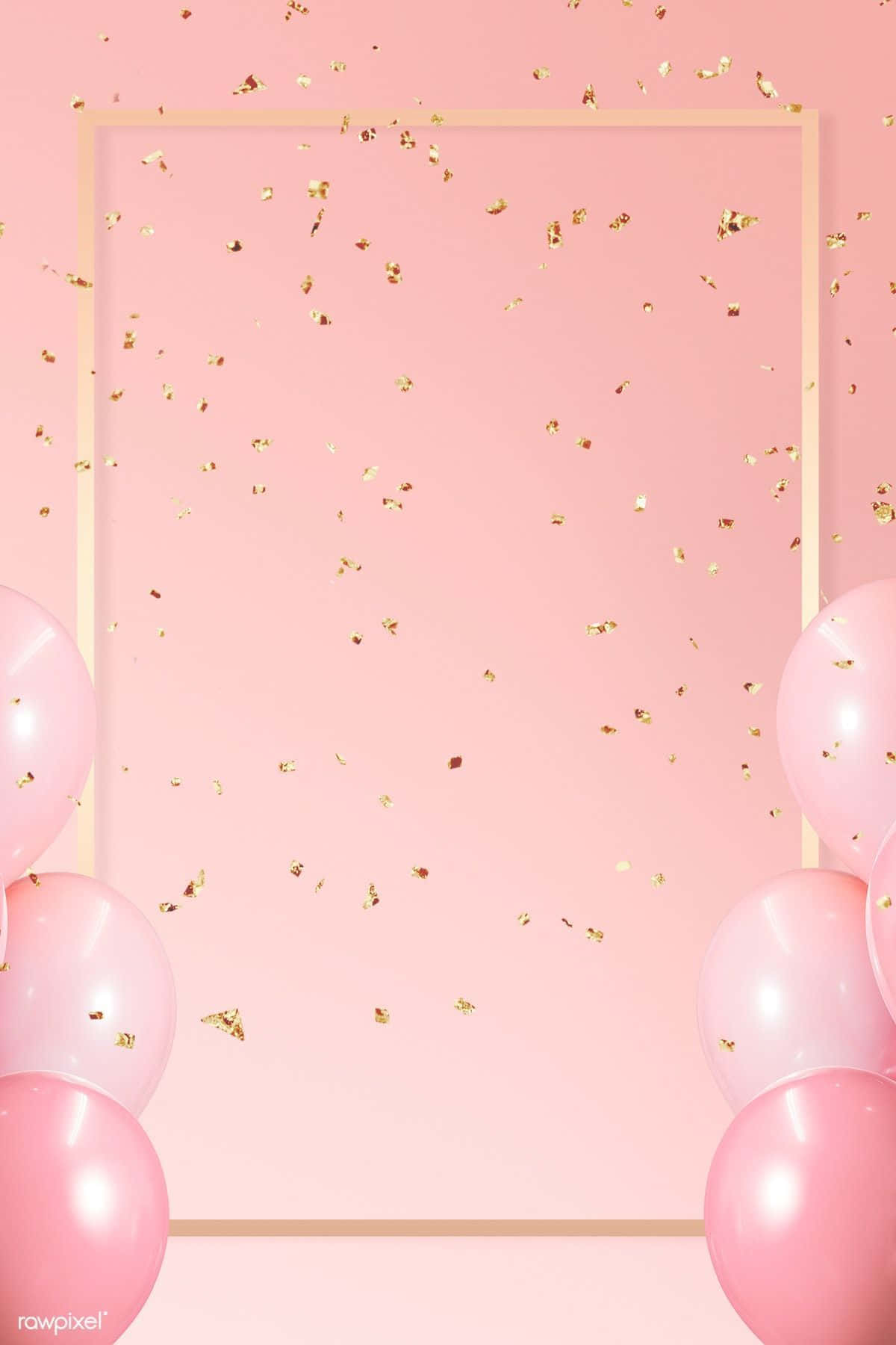 以色彩繽紛的氣球慶祝生命 壁紙 — 粉紅色氣球和金色紙屑在柔和的粉紅色背景上圍繞著米色框架飄浮。