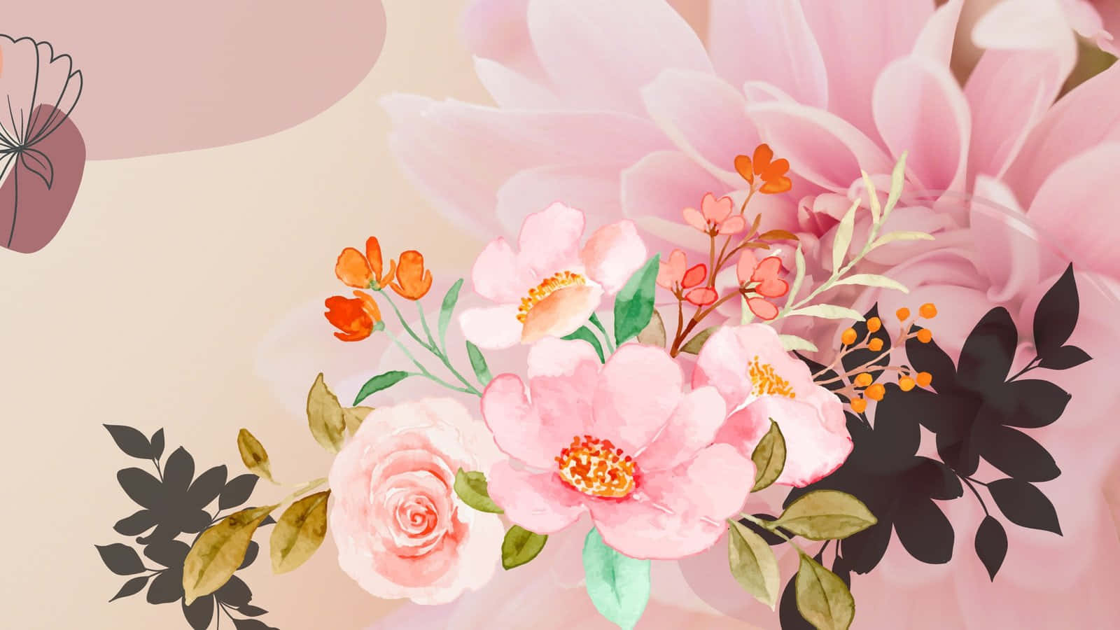 粉彩水彩花卉插圖，包含粉紅色玫瑰、橙色花朵和黑色葉片剪影。