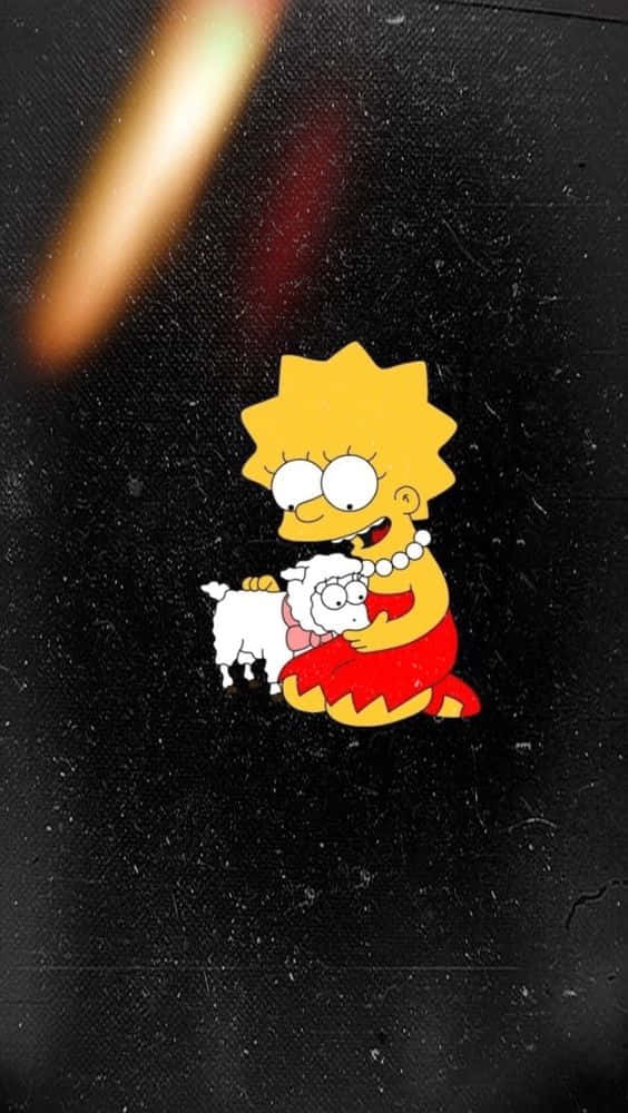 Lisa Simpson 在帶有光線條紋的深色紋理背景前抱著一隻羔羊。