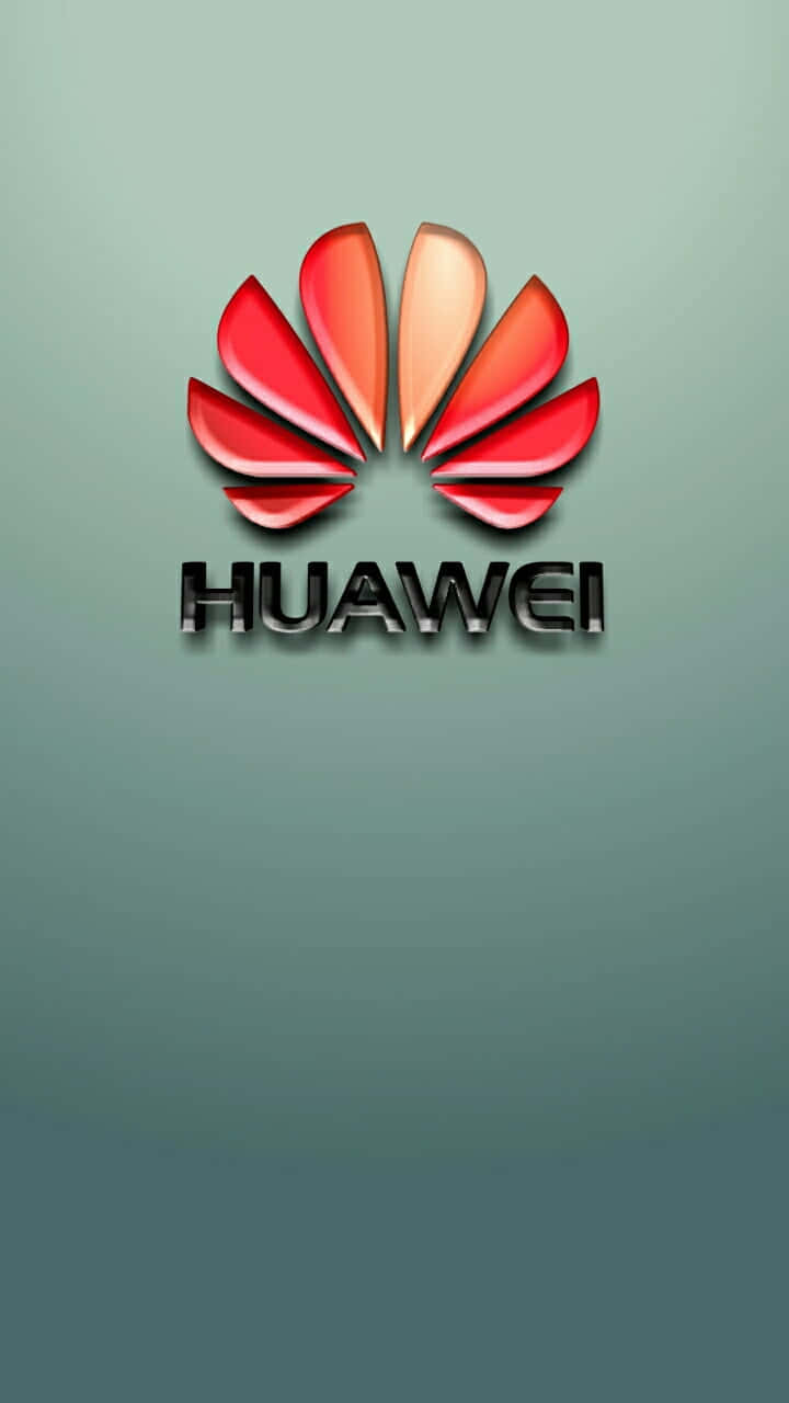 以華為享受智慧生活 壁紙 — 一個帶有金屬質感文字的亮面紅橙色Huawei標誌，居中放置於漸變青綠色背景上。