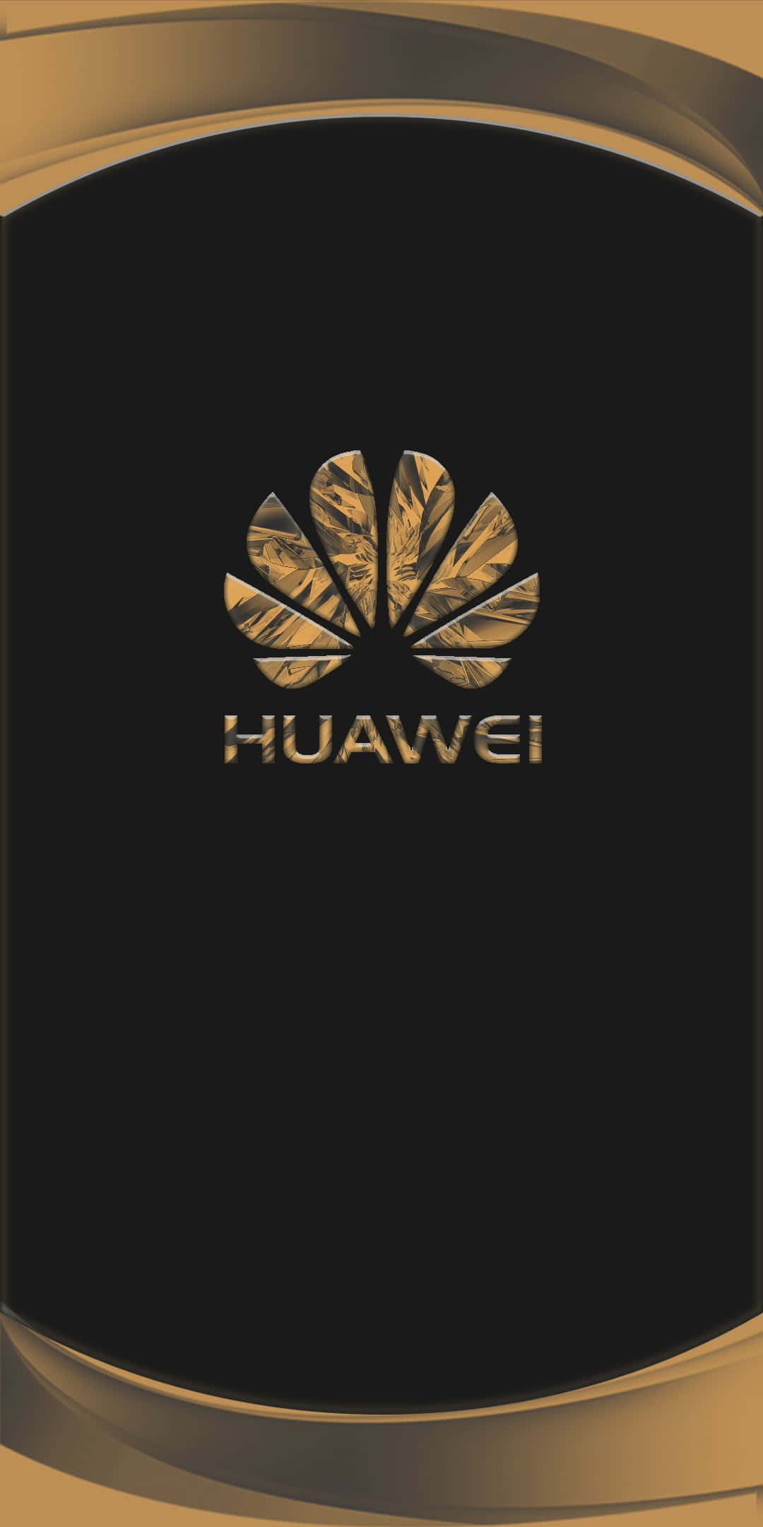 以華為裝置讓日常更出色 壁紙 — 時尚黑色桌布，帶有金色華為標誌，具有金屬葉片紋理，頂部和底部有彎曲金色裝飾。