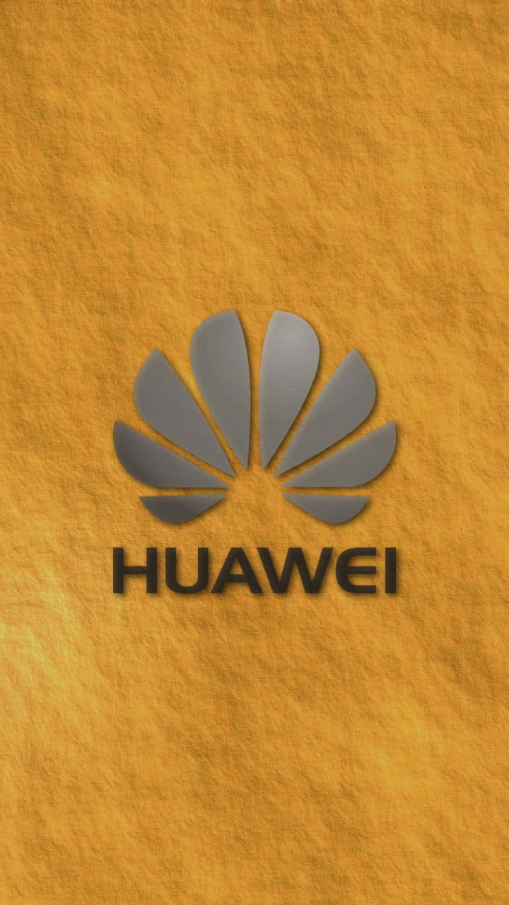 以華為釋放潛能 壁紙 — 一個時尚的銀色Huawei標誌，配以粗體黑色文字，置於有紋理的金黃色背景上。
