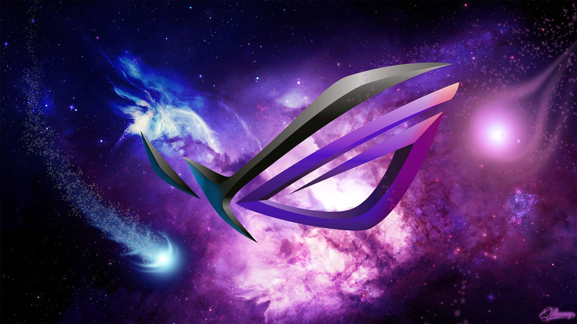 以華碩ROG準備迎戰 壁紙 — 一個時尚的ROG標誌在充滿紫色、藍色和星星的活潑宇宙星雲中發光。