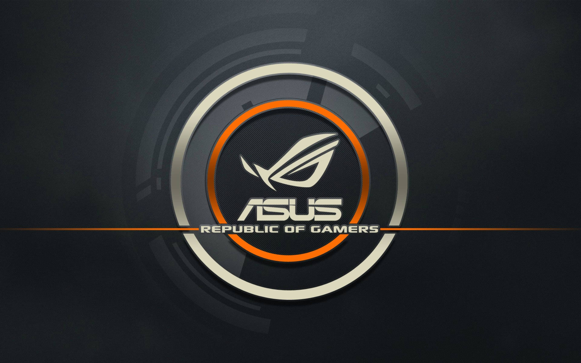 ASUS Republic of Gamers 標誌，在深色背景上帶有橙色和銀色的圓形設計。