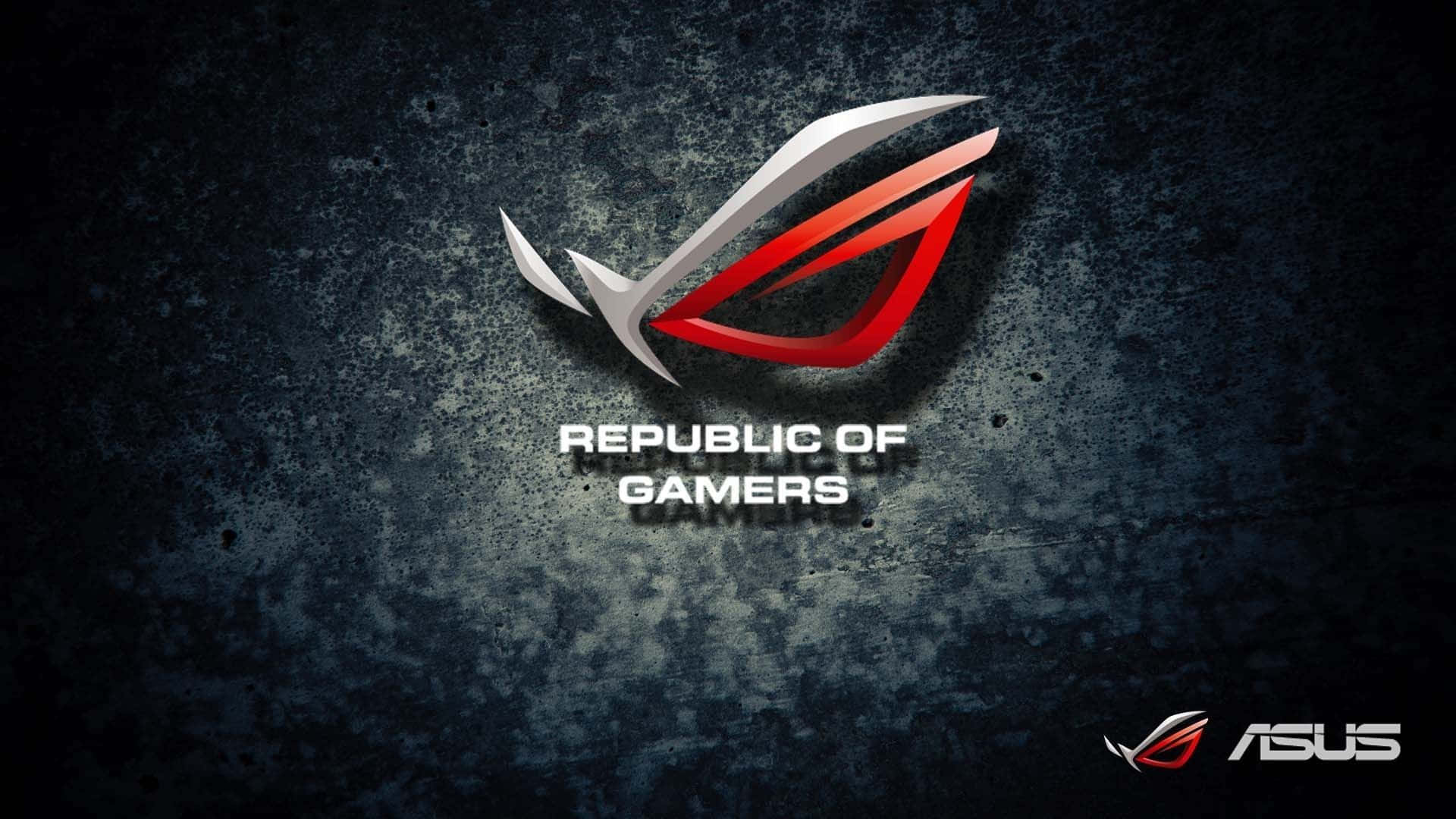 以華碩ROG筆電探索全新遊戲世界 壁紙 — 一個大膽的紅色和銀色 ROG 標誌在紋理深灰色混凝土牆上發光，下方有 'Republic of Gamers' 文字。