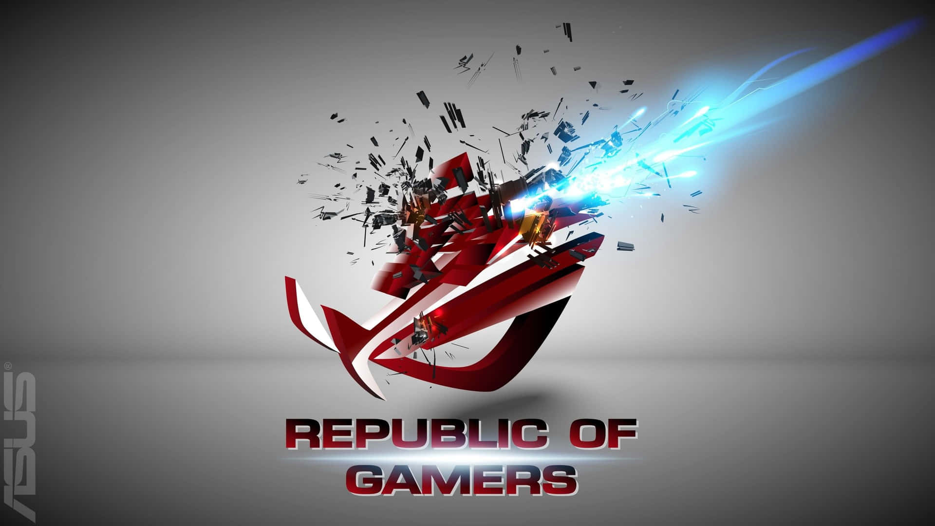 紅色 ROG 標誌在灰色背景上以藍色能量爆發爆炸。