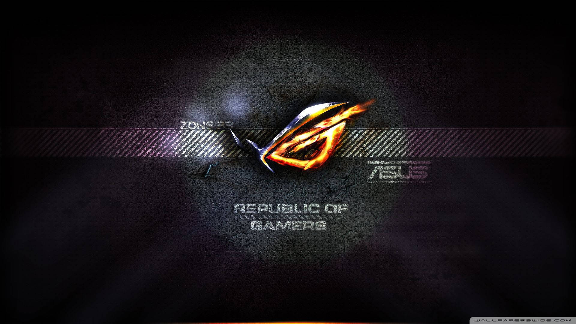 發光的 ROG 標誌，帶有 'Republic of Gamers' 文字，置於深色紋理背景上。