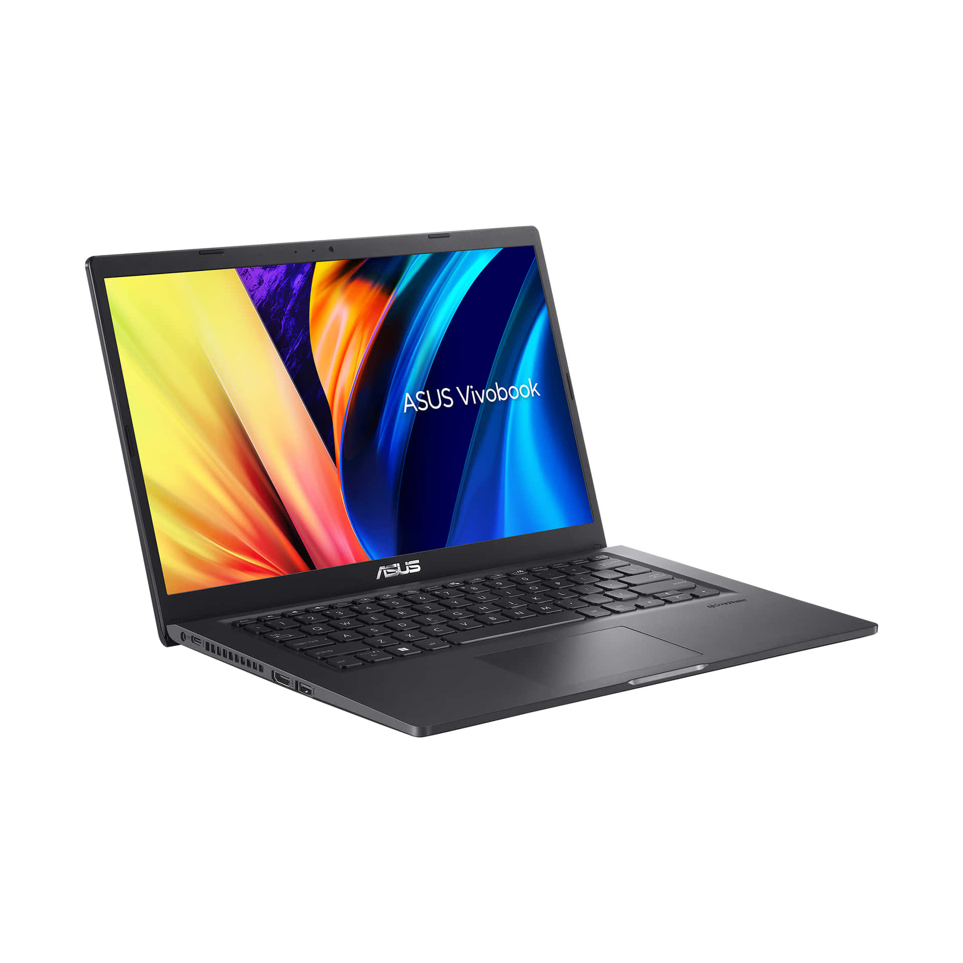 黑色ASUS Vivobook手提電腦，螢幕上帶有彩色抽象桌布。