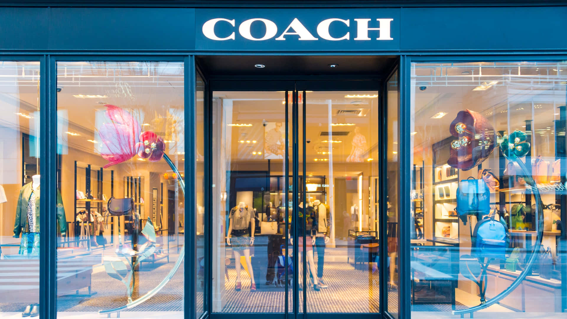 Coach零售店，玻璃門內展示奢華手袋。