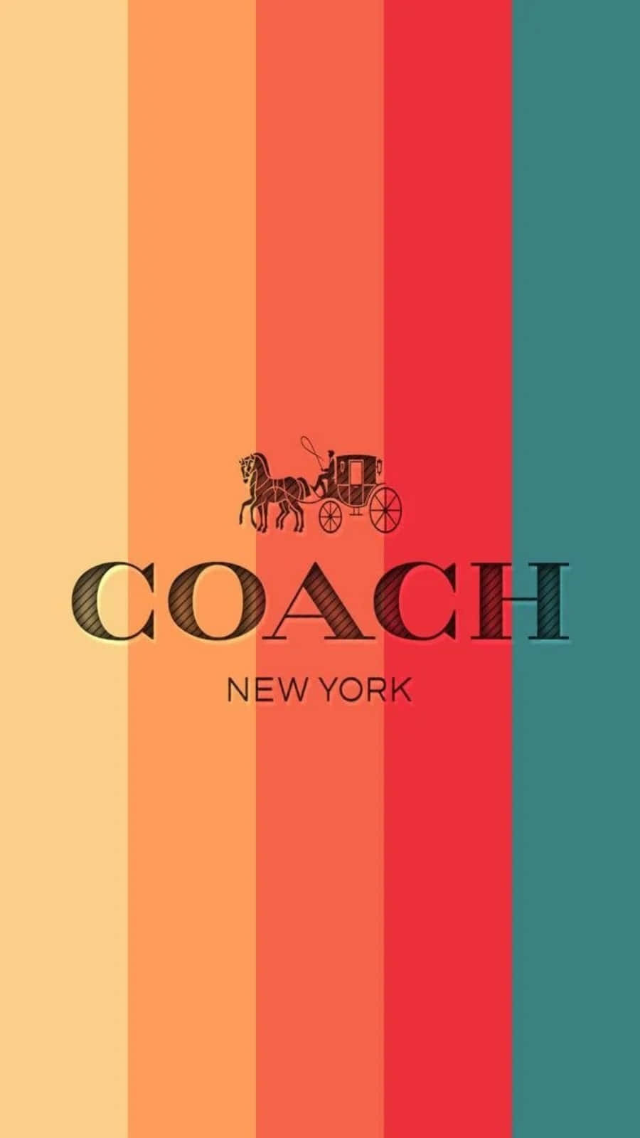 Coach New York 標誌，帶有馬和馬車，位於彩色垂直條紋上。