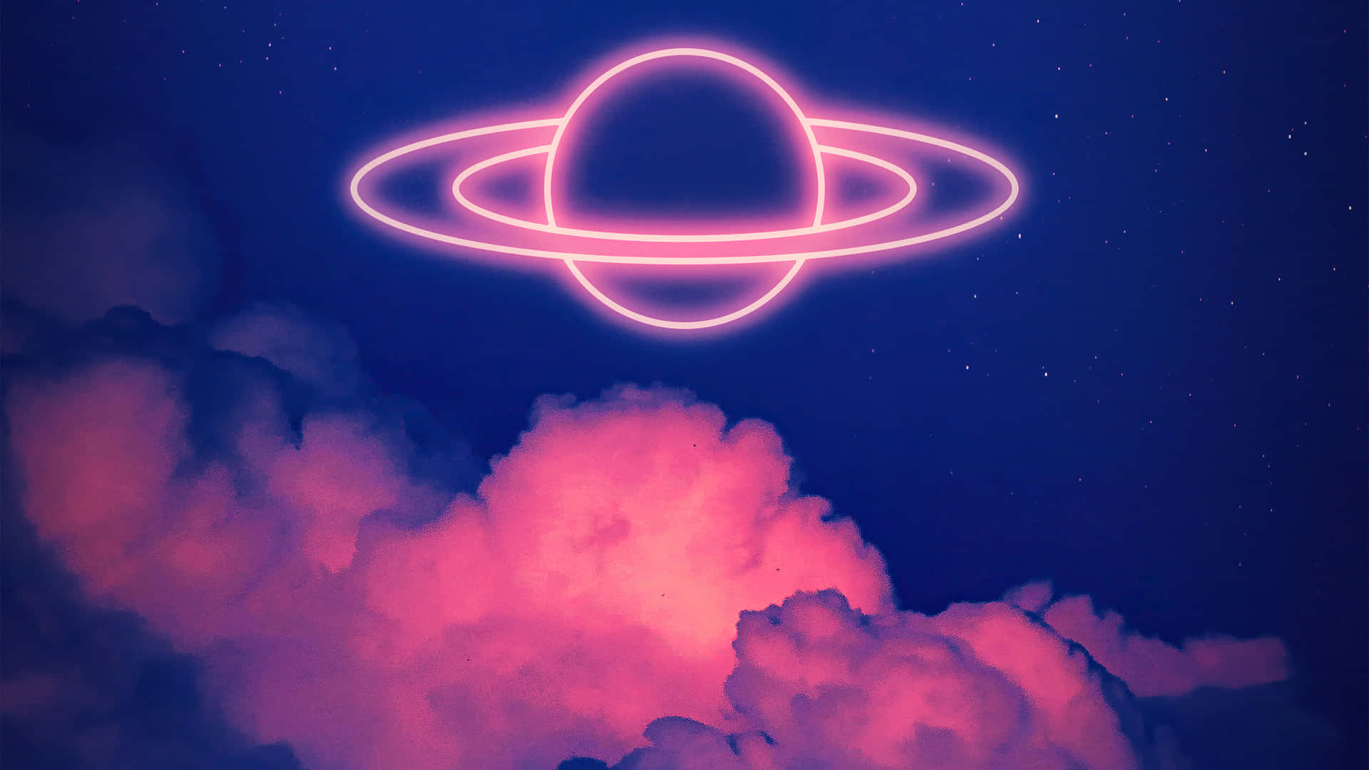 霓虹土星在繁星點點的夜空中，在粉紅色雲層上方發出粉紅色的光芒。