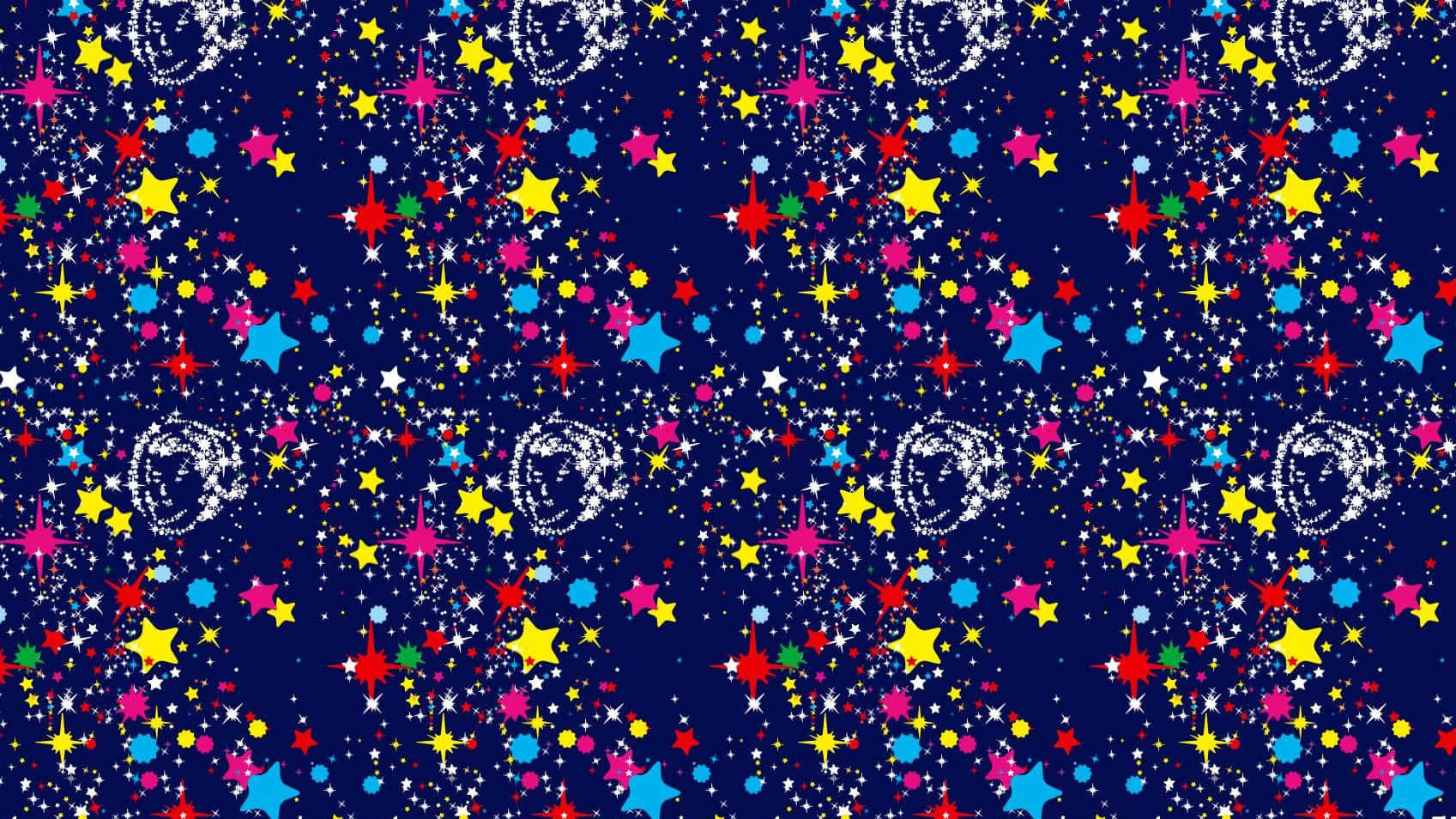 在深藍色背景上，由彩色星星和宇宙漩渦組成的節日圖案。
